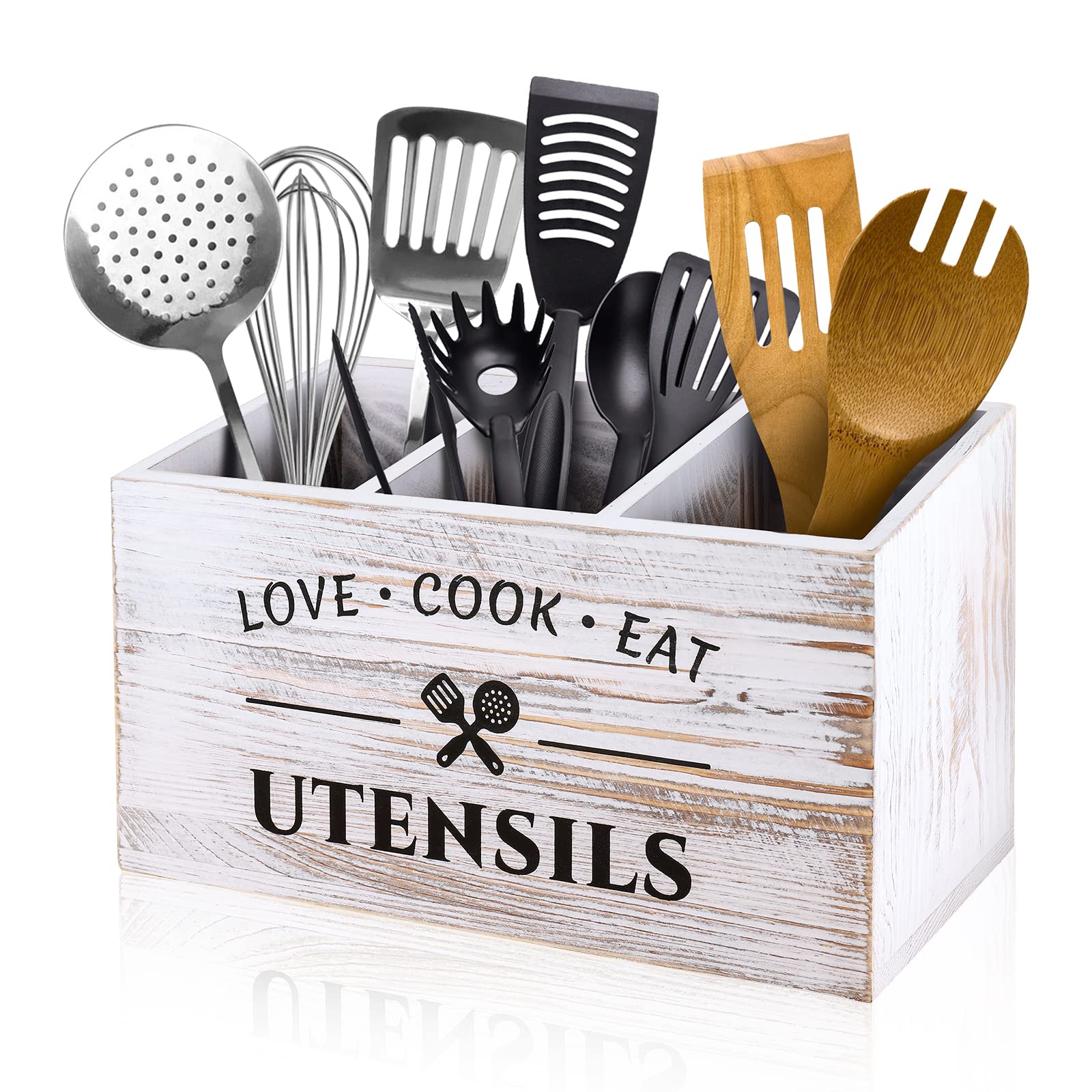 Rustic Farmhouse Style Wooden Kitchen Utensil Caddy with 3 Compartments - White | Storage & Organization for Spoons, Spatulas & Cooking Tools | Perfect for Countertop, Pantry & Kitchen Decor