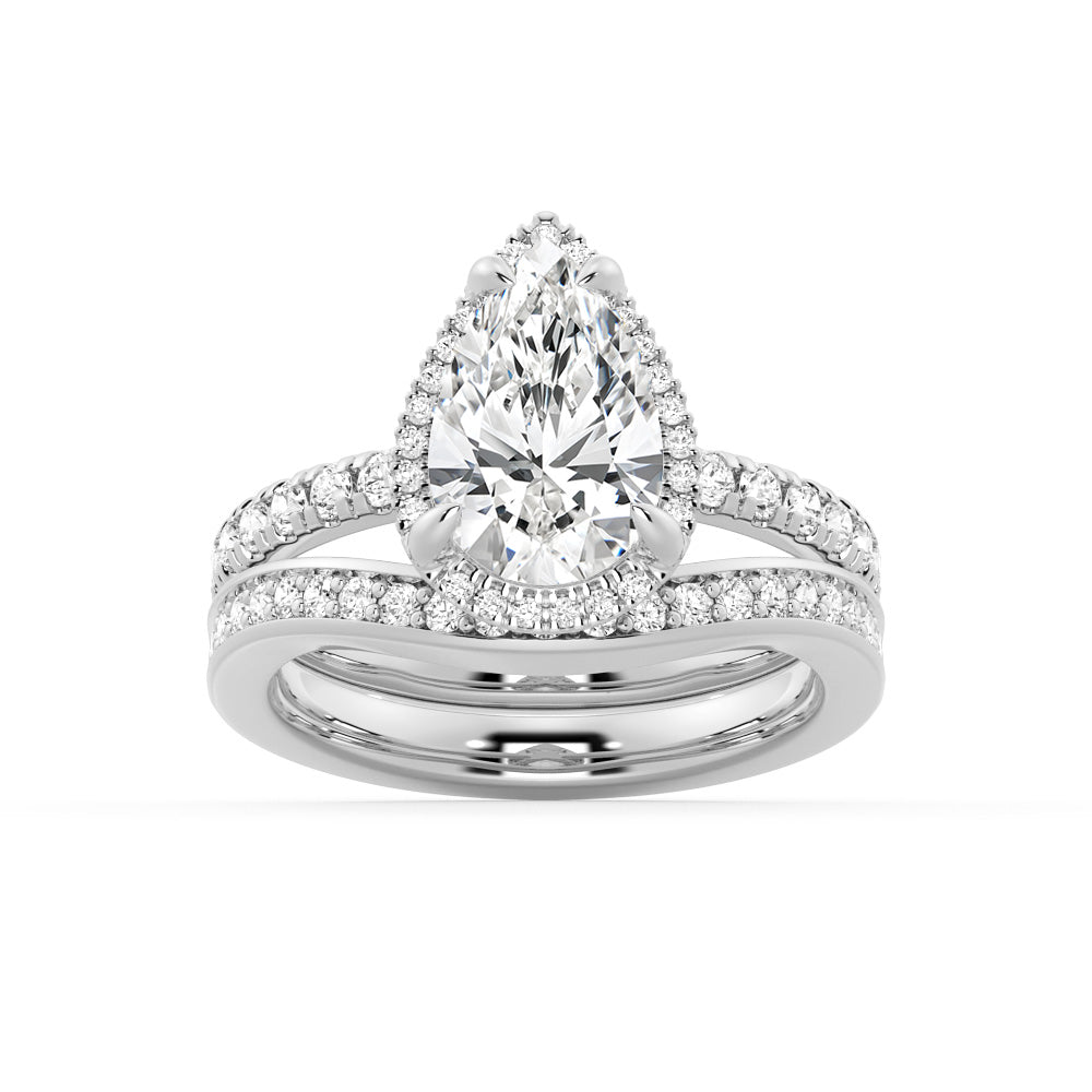 Half Eternity Pear Shaped Halo Moissanite Engagement Ring with Matching V-Curved Wedding Band Set - Perfect for Proposals, Anniversaries & Bridal Jewelry