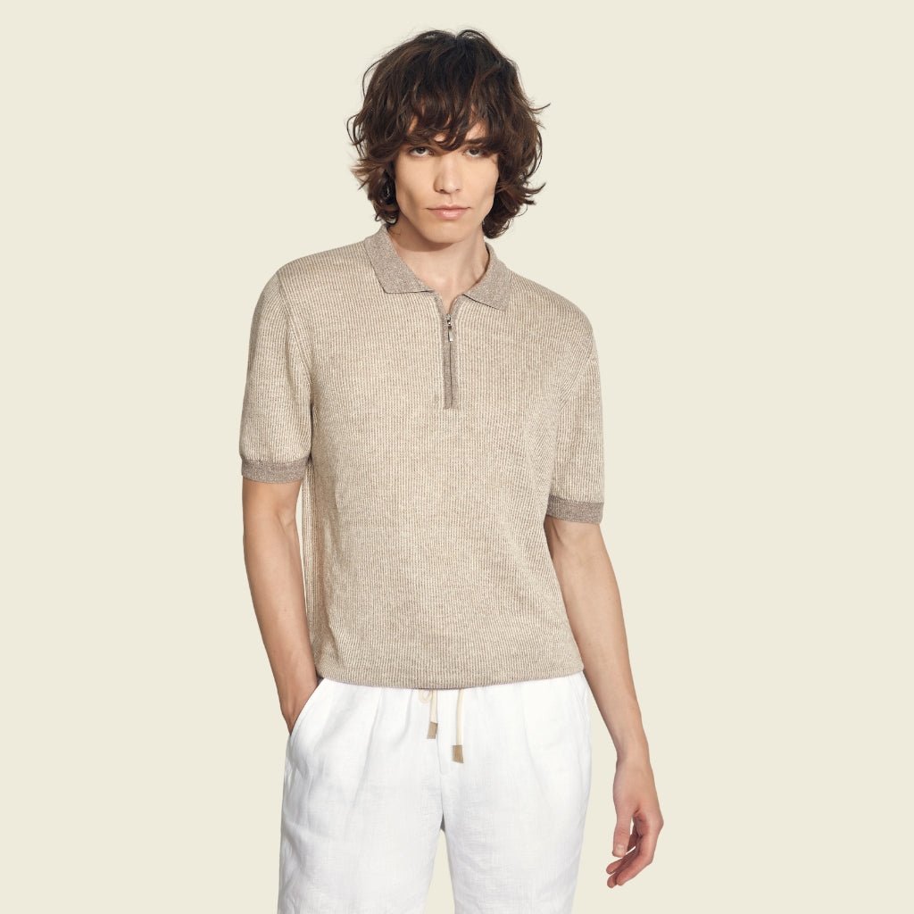 GRAN SASSO Men's 2-Tone Cotton Linen Stripe Polo Shirt - Beige | Breathable Summer Casual Wear for Outdoor Activities & Office
