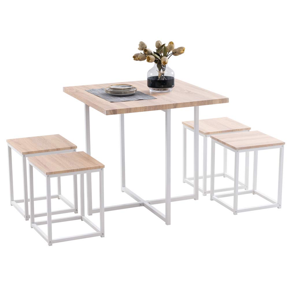 5-Piece Industrial Dining Set with 4 Stools - Light Oak & White Kitchen Table and Chairs for Restaurant, Bar, Living Room - Durable Modern Furniture for Small Spaces & Home Decor