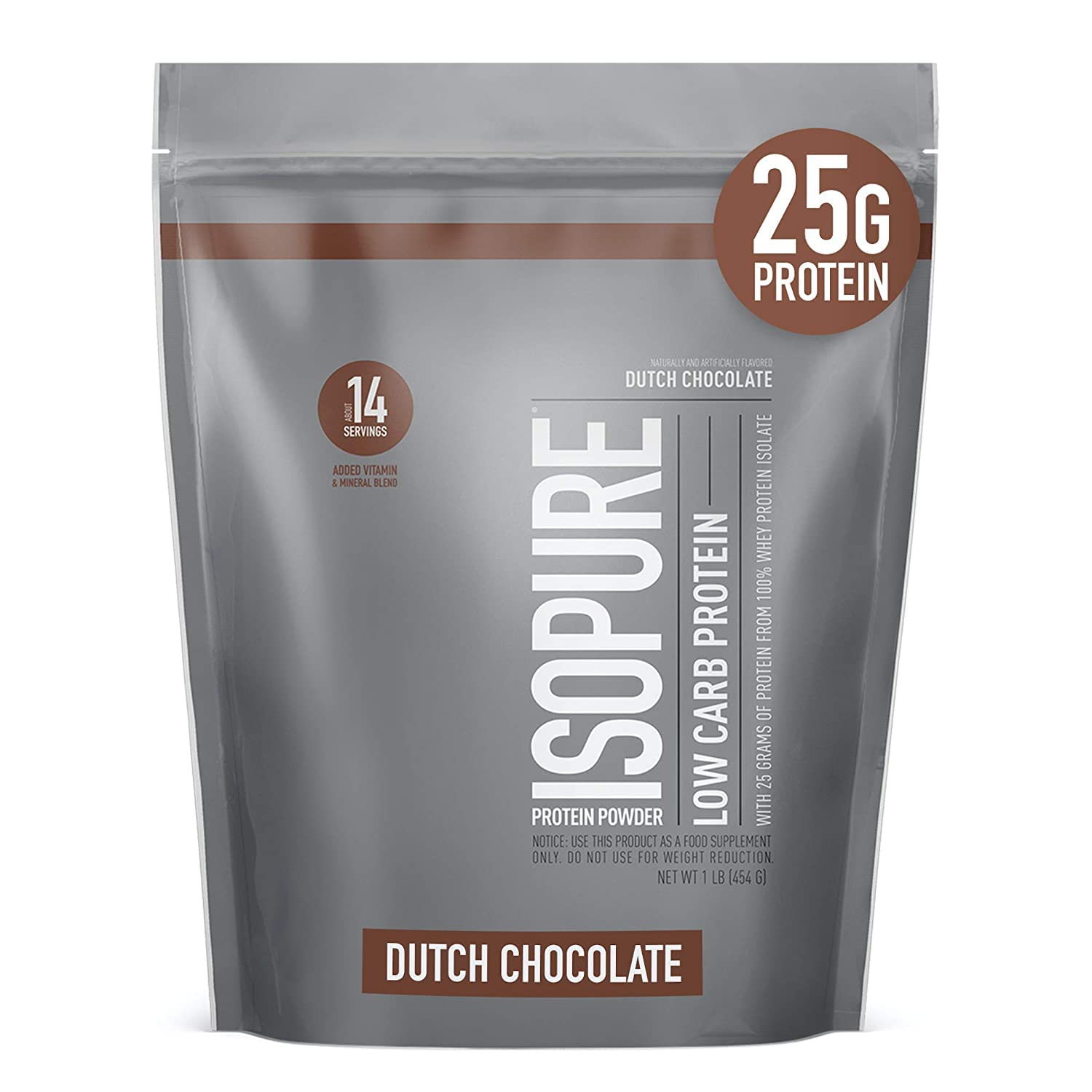 Isopure Dutch Chocolate Whey Protein Isolate Powder - 25g Protein, Low Carb, Keto Friendly with Vitamin C & Zinc for Immune Support - 1 Pound (Packaging May Vary) - Perfect for Post-Workout Recovery & Muscle Building