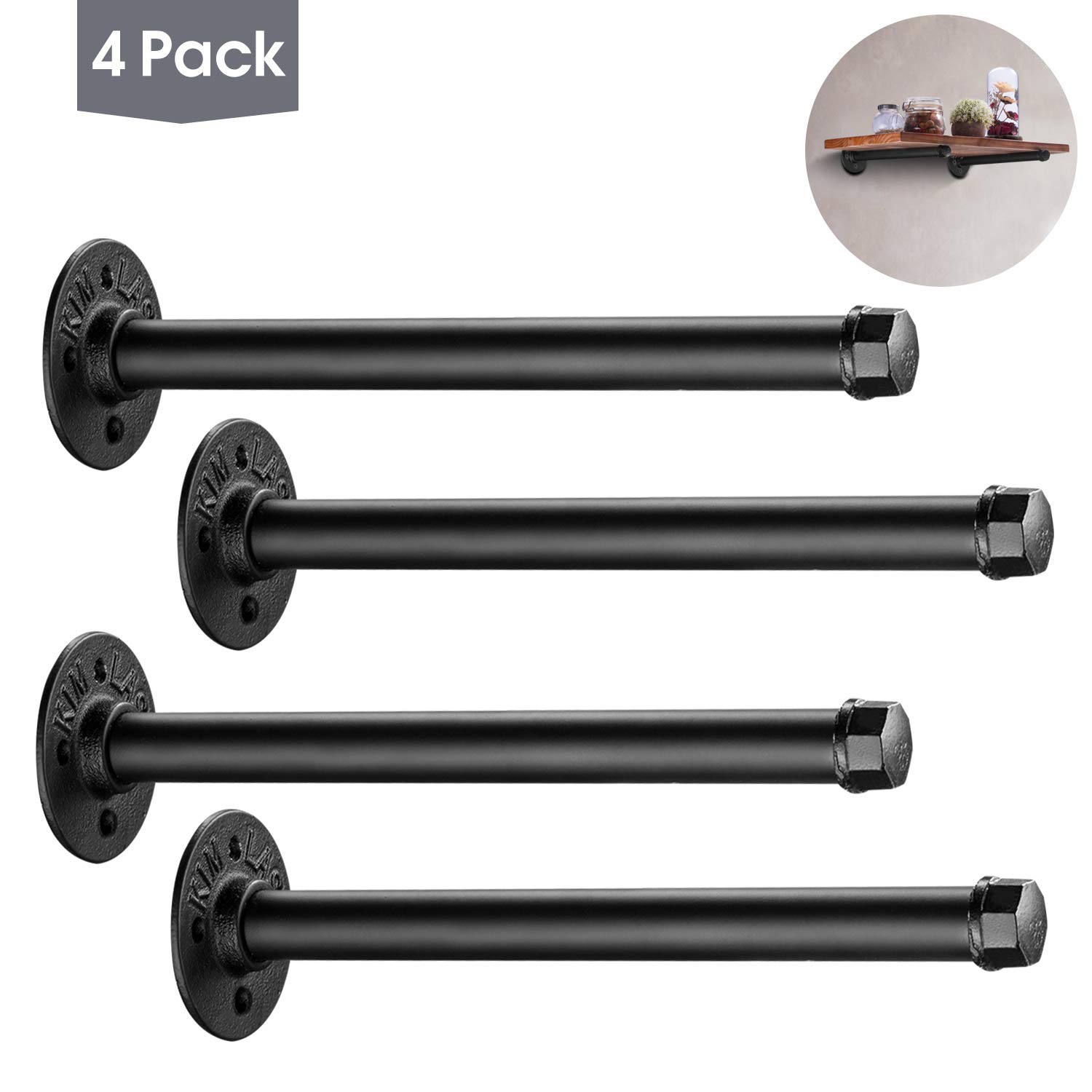 Industrial Black Iron Pipe Shelf Brackets 4 Pack - 13.7 Inch Heavy Duty Wall Mount Brackets for DIY Shelving, Rustic Home Decor - Perfect for Living Room, Kitchen, Bedroom & Office Organization