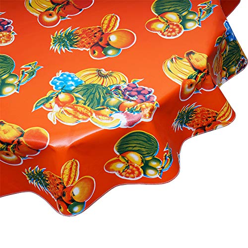 Round Freckled Sage Oilcloth Tablecloth - Waterproof Washable Vinyl Table Cover in Tropical Fruit Orange Pattern, Multiple Sizes for Kitchen Dining, Outdoor Picnic & Party Decor