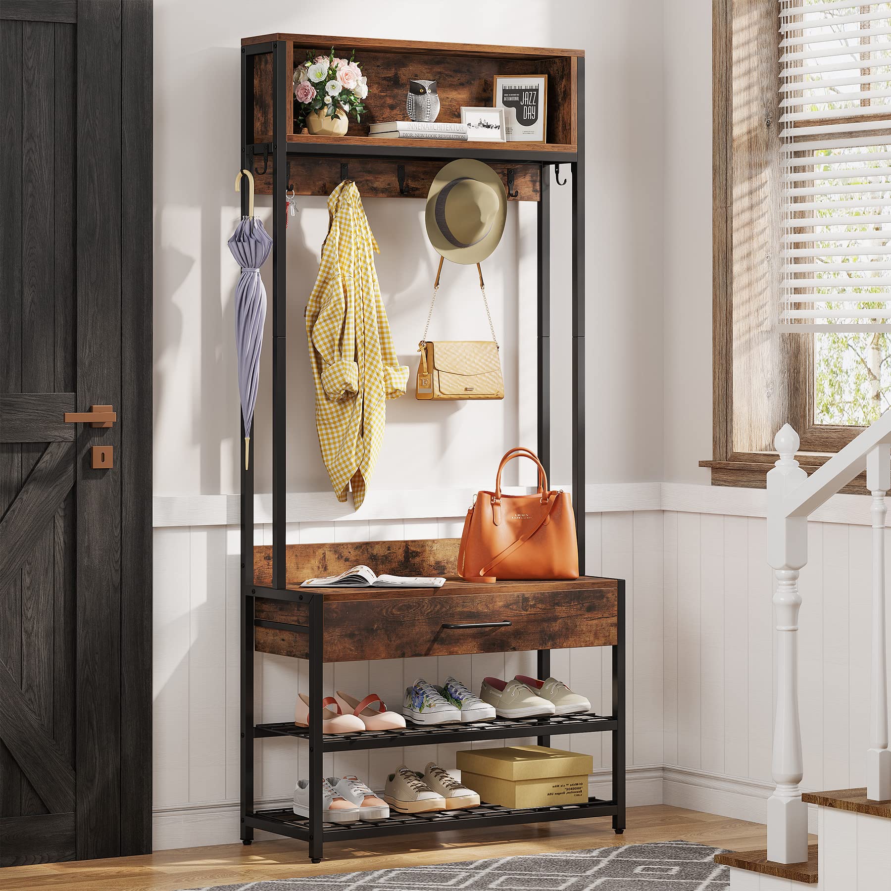 Tribesigns 3-in-1 Vintage Industrial Entryway Hall Tree with Shoe Storage Bench, Hutch & 9 Hooks - Brown Coat Rack for Living Room, Bedroom & Mudroom Organization | Perfect for Small Spaces & Home Entryway Décor