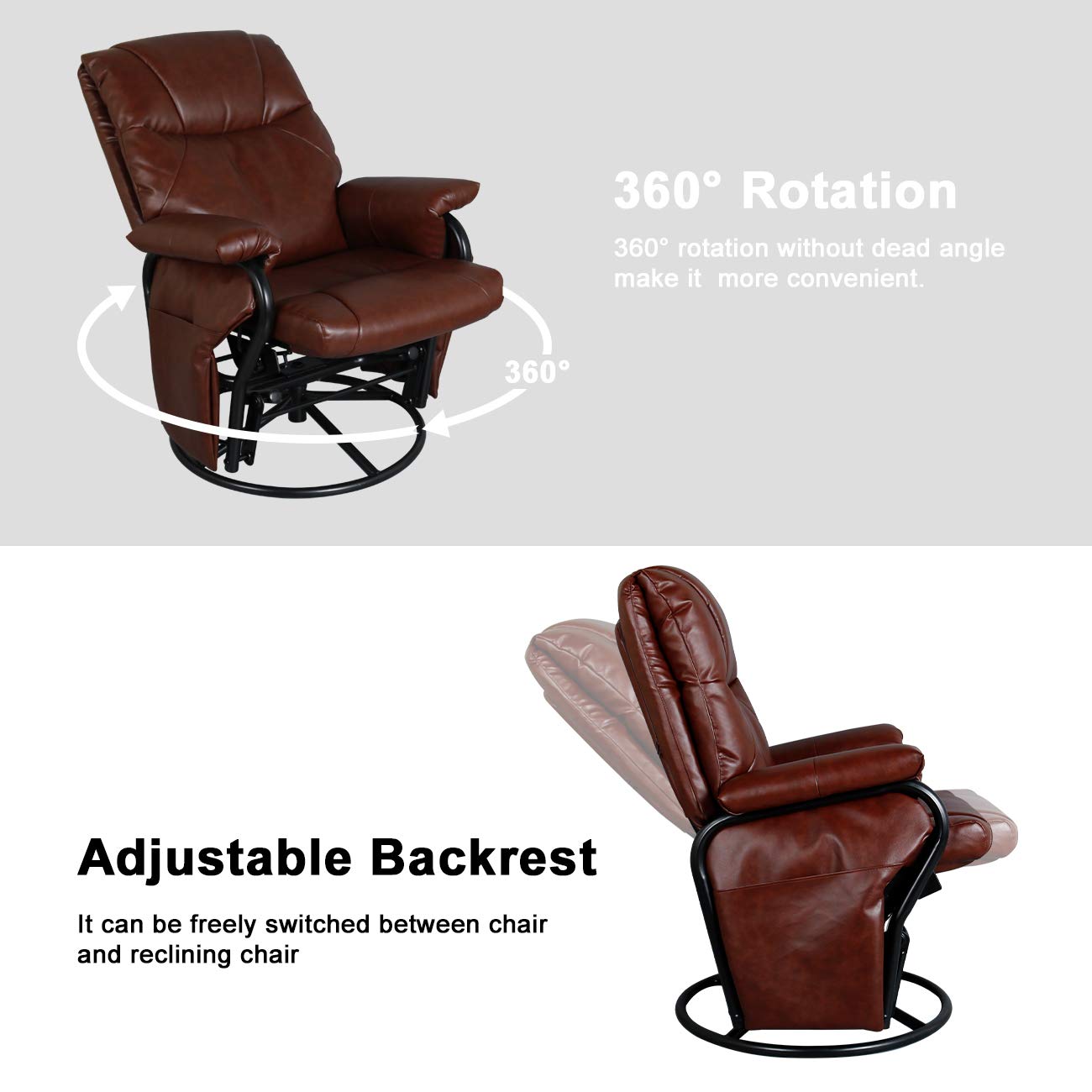 360° Swivel PU Leather Glider Chair with Ottoman - Rocking Recliner Lounge Chair Set for Living Room, Nursery & Patio (Brown) - Comfortable Armchair for Relaxing, Nursing & Reading