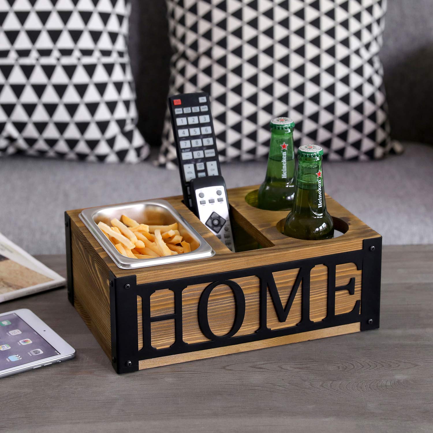 Rustic Burnt Wooden Snack Tray Caddy - Drink Holder & Coffee Table Organizer with Black Metal Lettering - Perfect for TV Snacks, Remote Control Storage, and Living Room Decor