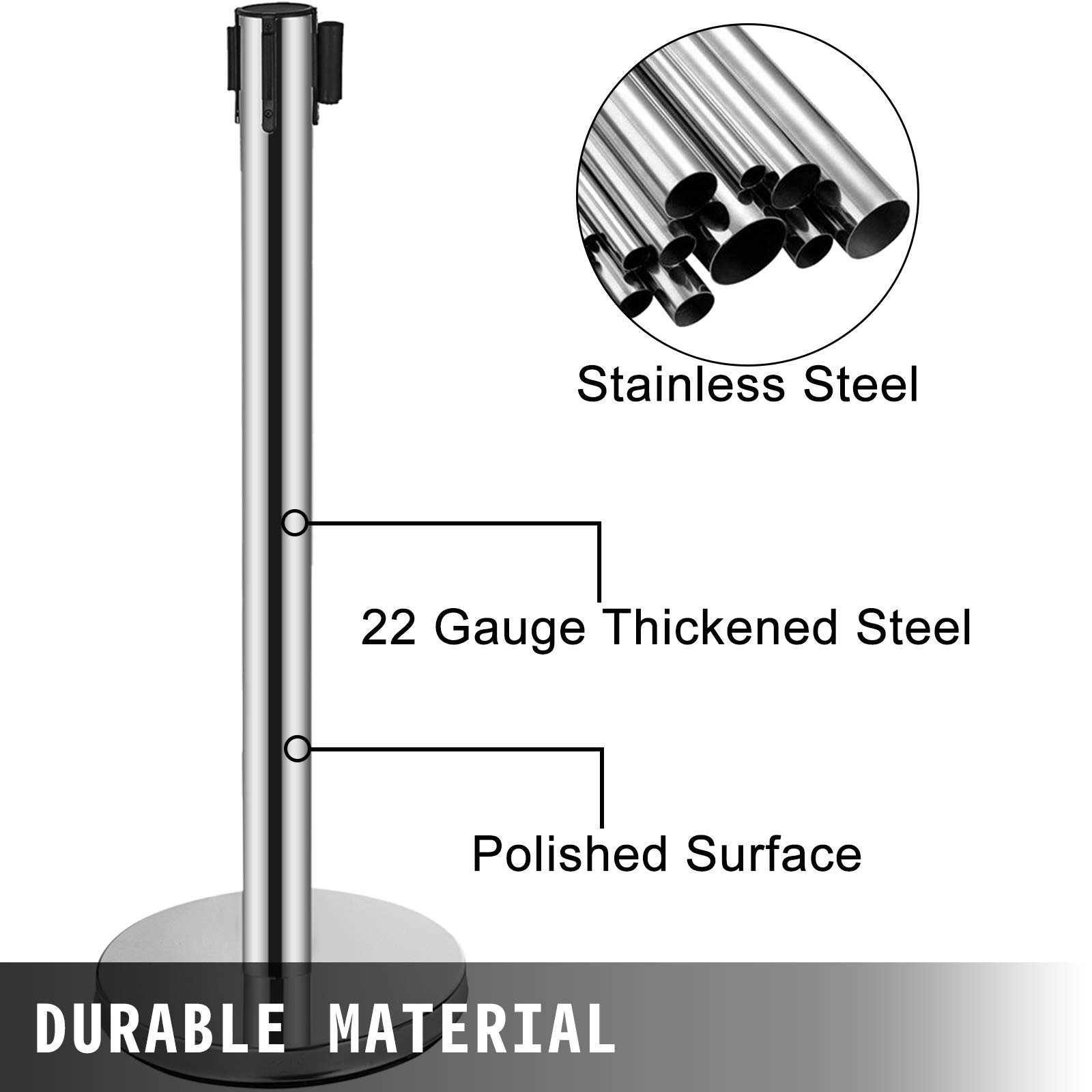 6 Pcs Stainless Steel Stanchion Posts with 6.5' Retractable Belt Rope - 36In Black Crowd Control Barriers for Events, Parties & Queue Management - Durable Silver Queue Poles for Indoor/Outdoor Use