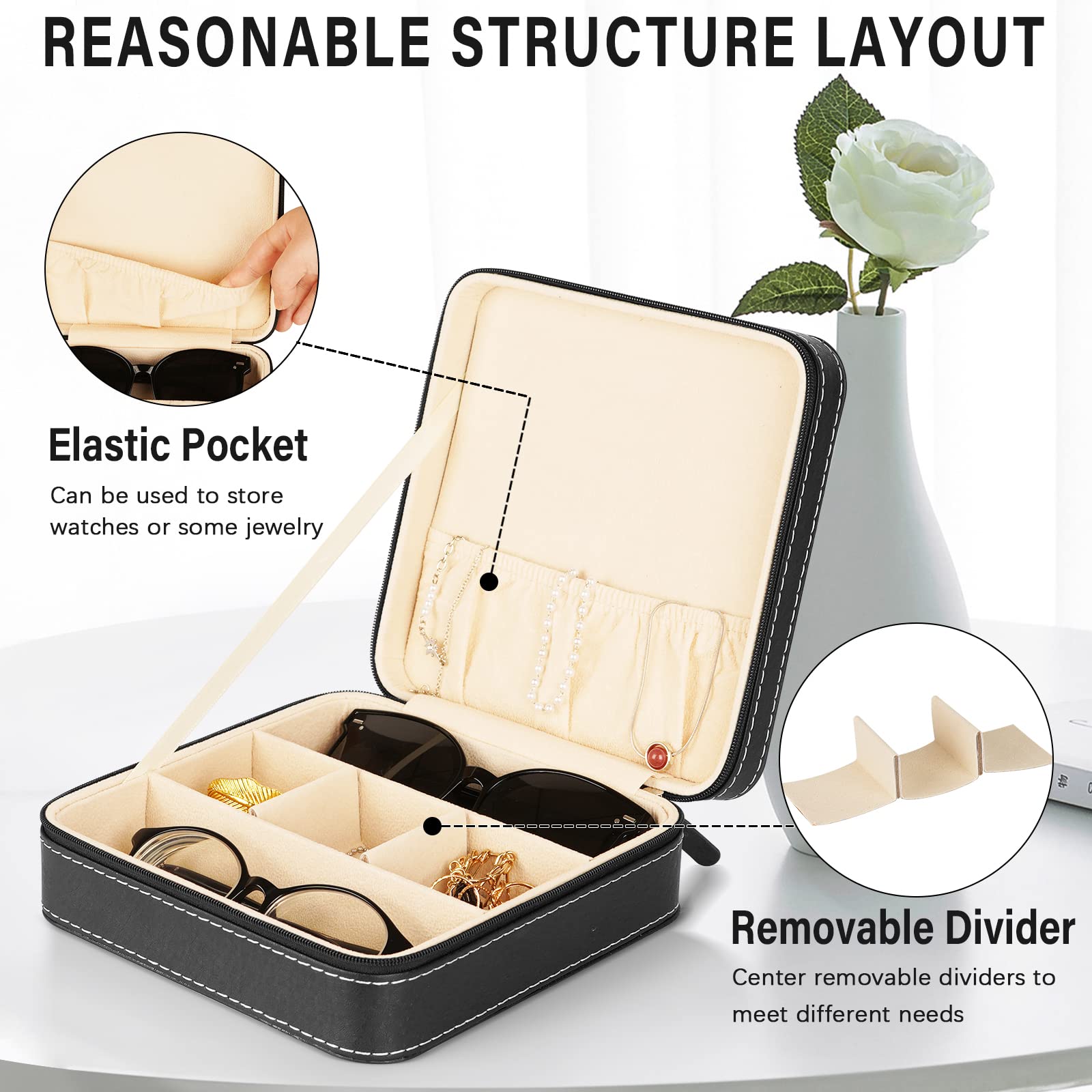 Portable 3-Slot Sunglasses Case - Travel Glasses Organizer with Zipper Closure, Leatherette Jewelry Display Box for Eyewear Collector | Perfect for Travel, Home Storage & Gift Giving