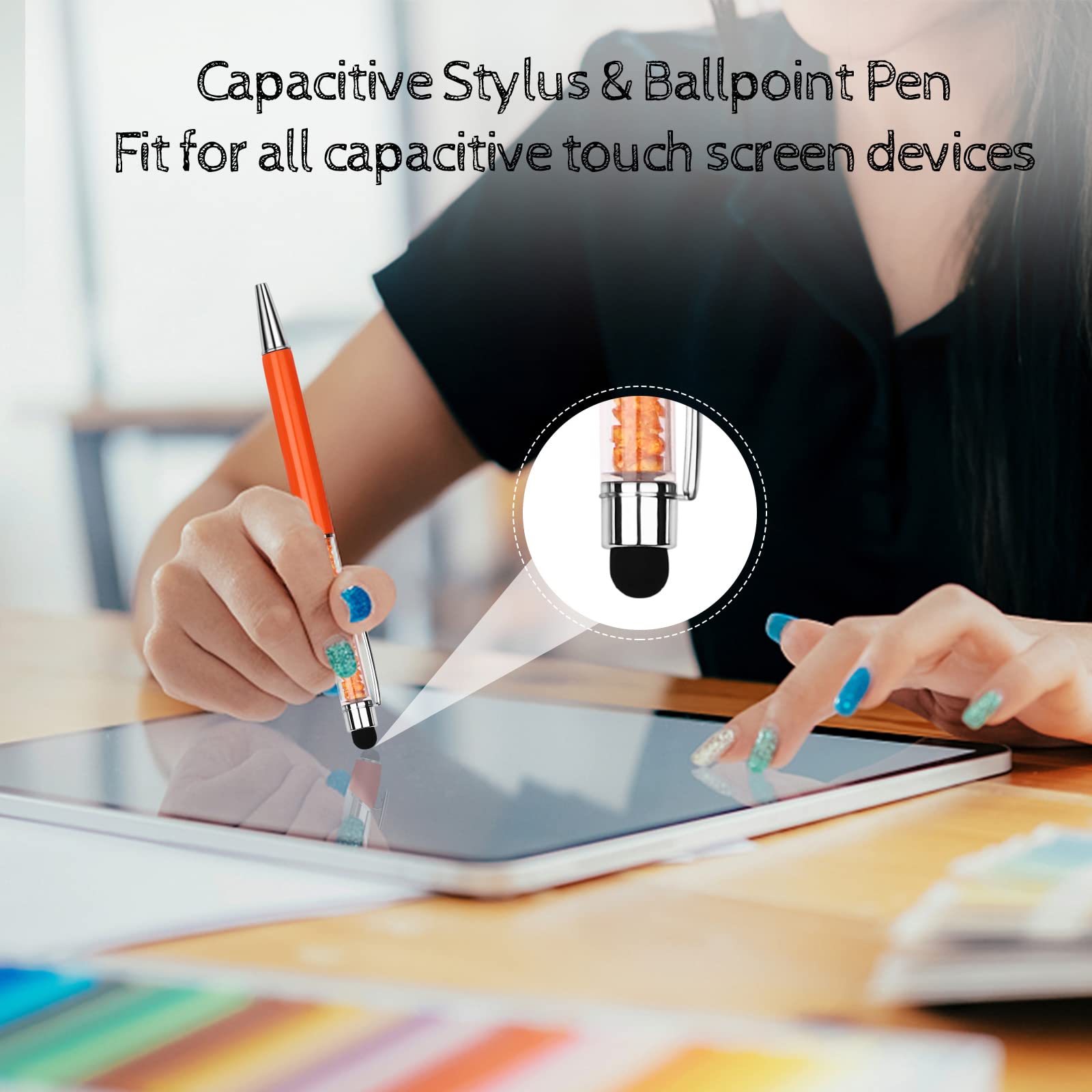 Bnesi 2-in-1 Personalized Crystal Pens with Stylus - 10 Blue Refillable Ink Cartridges - Compatible with Tablets, Smartphones & Laptops - Perfect for Office Work, Note Taking & Digital Signatures