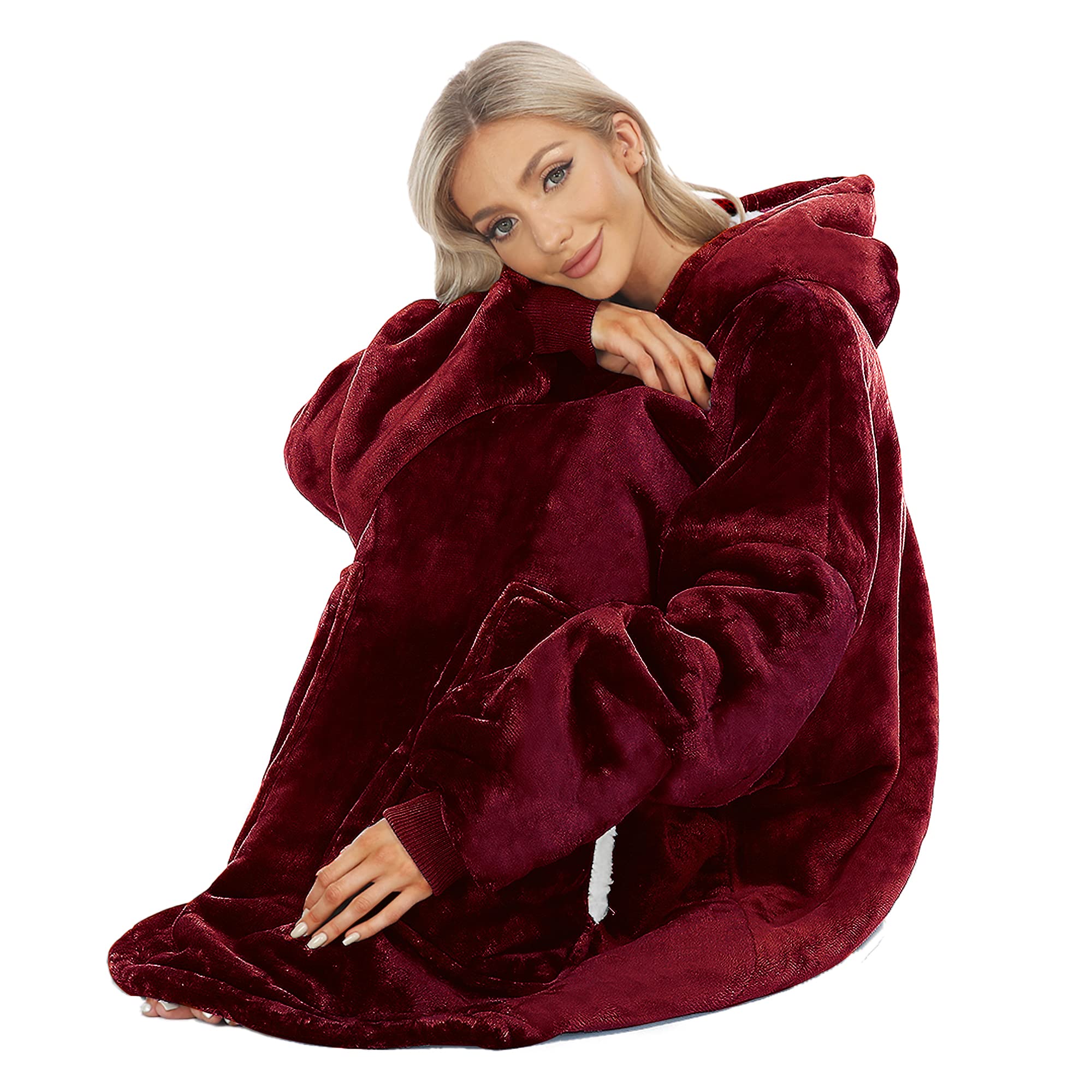 Kipswiza Oversized Wearable Blanket Hoodie - Sherpa Lined Soft Warm Hooded Sweatshirt Blanket for Women & Teens | Cozy Loungewear for Winter Nights, Movie Marathons & Gift Giving (Wine Red)