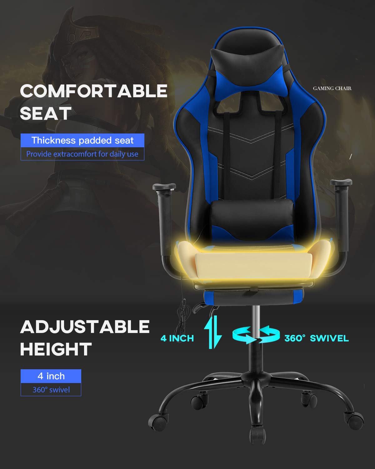 Ergonomic Gaming Chair with Headrest & Footrest - PU Leather Office Computer Desk Chair for Back Support - Adjustable Swivel Rolling Task Chair for PC Gaming, Work & Home Office Use - Blue