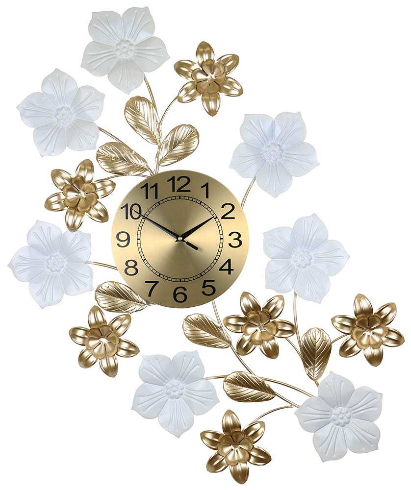 Elegant Gold and White Floral Wall Clock - 34 x 26 Inches - Vintage Home Decor for Living Room, Bedroom & Office - Perfect Housewarming Gift