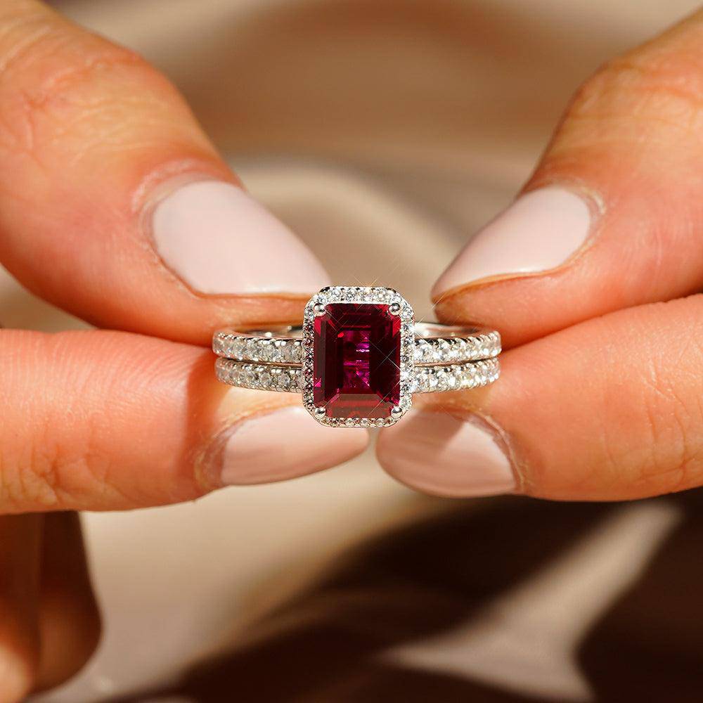 2 CT. Emerald Cut Lab Grown Ruby Engagement Ring & Wedding Band Set for Women - Perfect for Proposals, Anniversaries & Bridal Jewelry Gifts