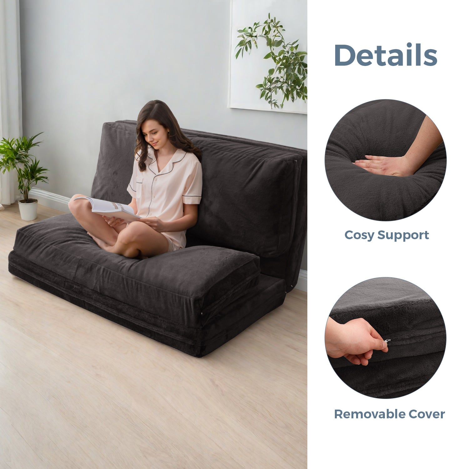 MAXYOYO Bean Bag Folding Sofa Bed - Extra Thick Floor Mattress with Washable Faux Fur Cover | Perfect for Living Room, Bedroom, Dorm & Game Room Lounging