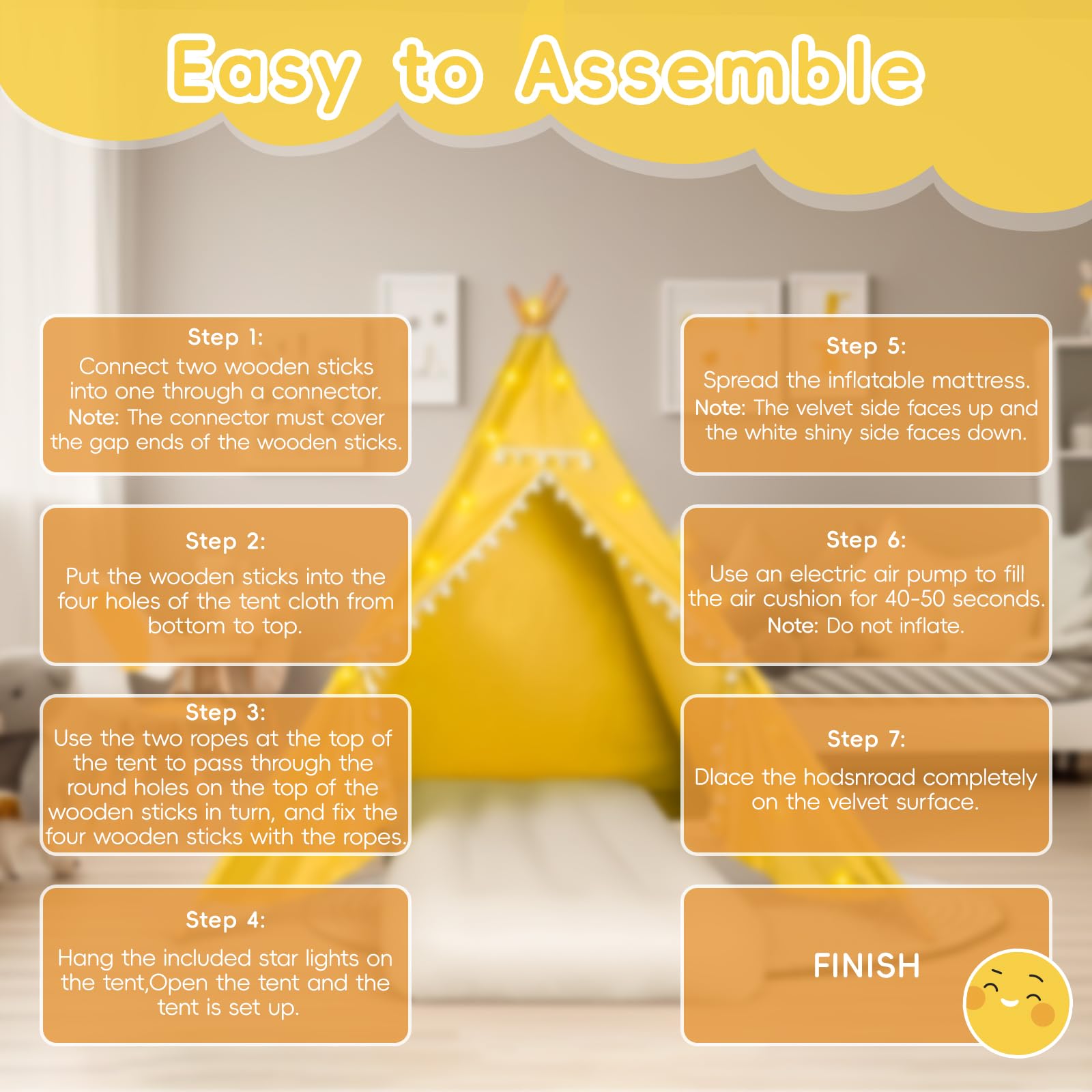 4 Pack Kids Teepee Tent with LED Lights & Inflatable Air Mattress - Play Tents for Boys & Girls, Includes Free Air Pump, Washable for Indoor/Outdoor Use - Perfect for Slumber Parties, Birthday Gifts & Backyard Camping (Yellow)