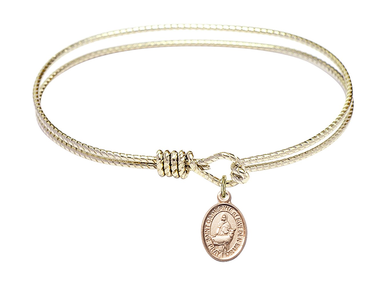 7 1/4 Inch Oval Eye Hook Bangle Bracelet with St. Catherine of Sweden Charm - Elegant Religious Jewelry for Women, Perfect for Church, Weddings & Everyday Wear