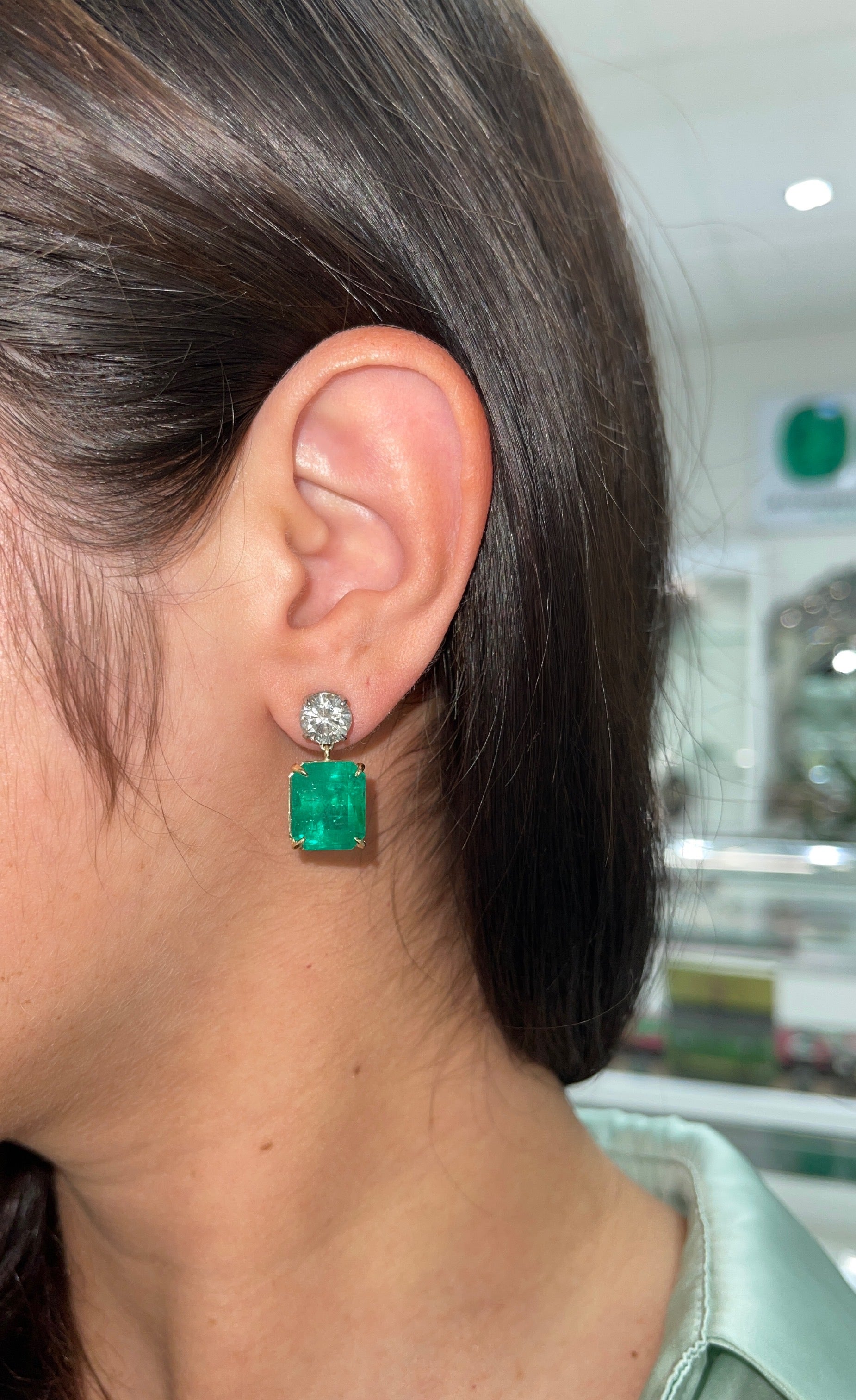 17.72tcw AAA+ Natural Emerald & Diamond Dangle Earrings in 18K Gold/Platinum - Luxury Wedding Jewelry & Evening Party Accessories