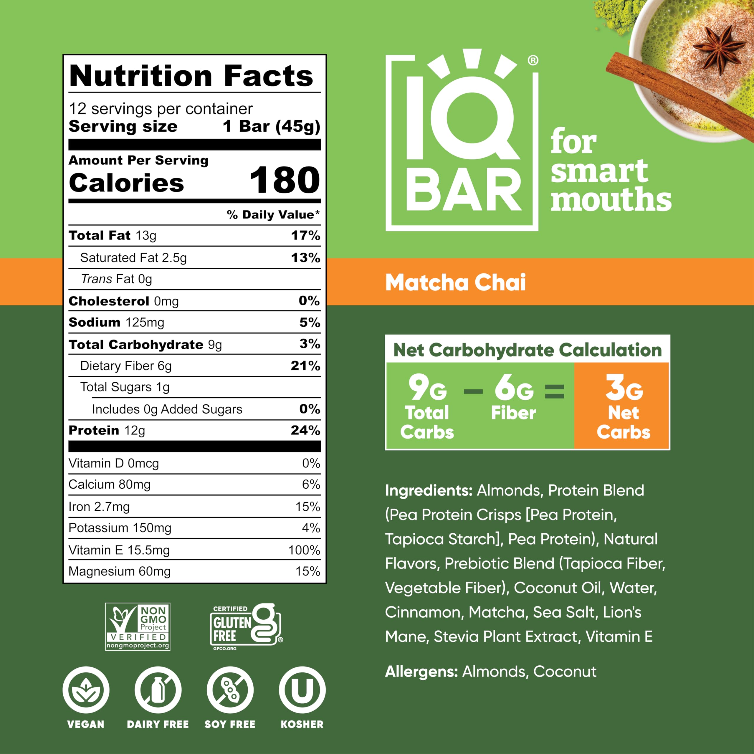 IQBAR Brain and Body Plant Protein Bars - Matcha Chai Flavor - 12 Pack Low Carb Vegan Snacks | Gluten Free, High Fiber, Keto Friendly | Healthy Meal Replacement for Workout, Travel & On-the-Go Energy Boost