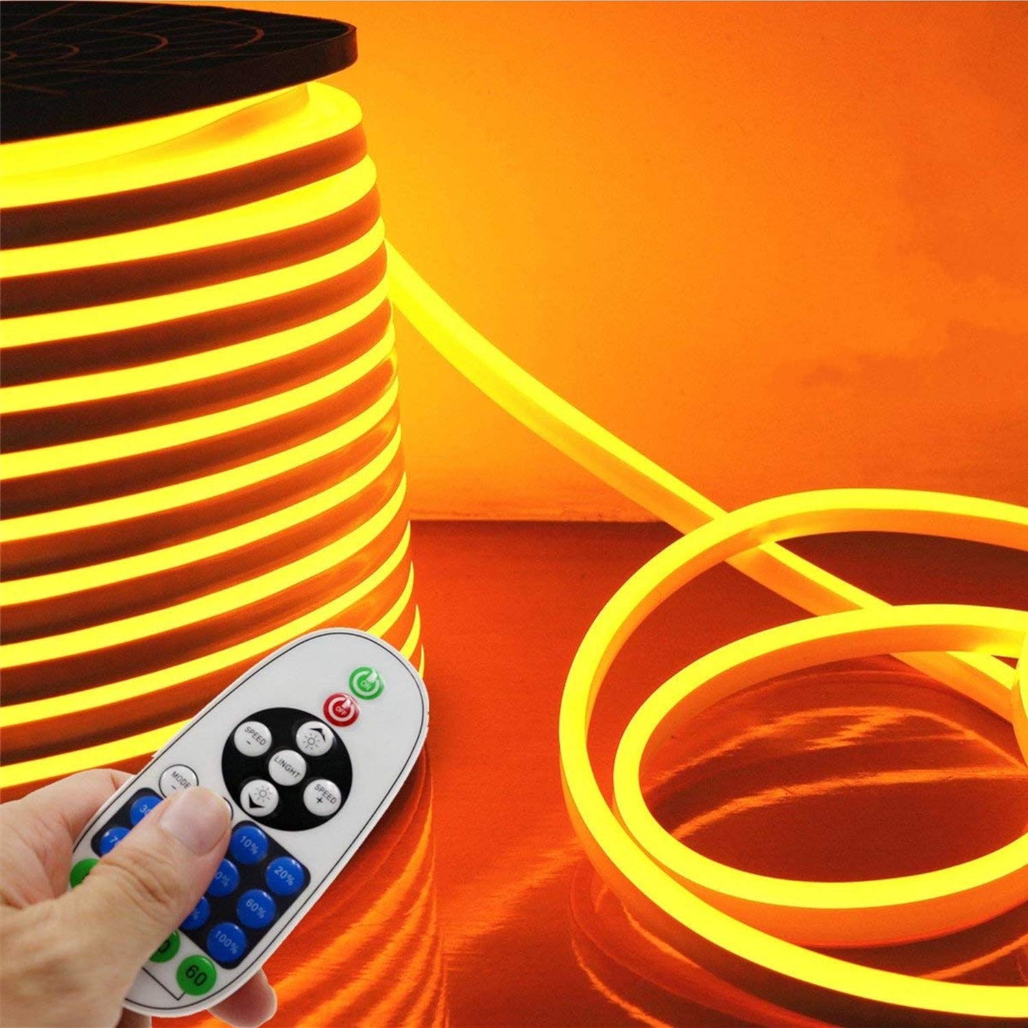 Flexible LED Neon Strip Lights 30m (98.4ft) - 120 LEDs/M Dimmable Waterproof 2835 SMD Rope Light with Remote - AC 110-120V Golden Yellow for Party, Wedding, Bar, Home & Outdoor Decoration