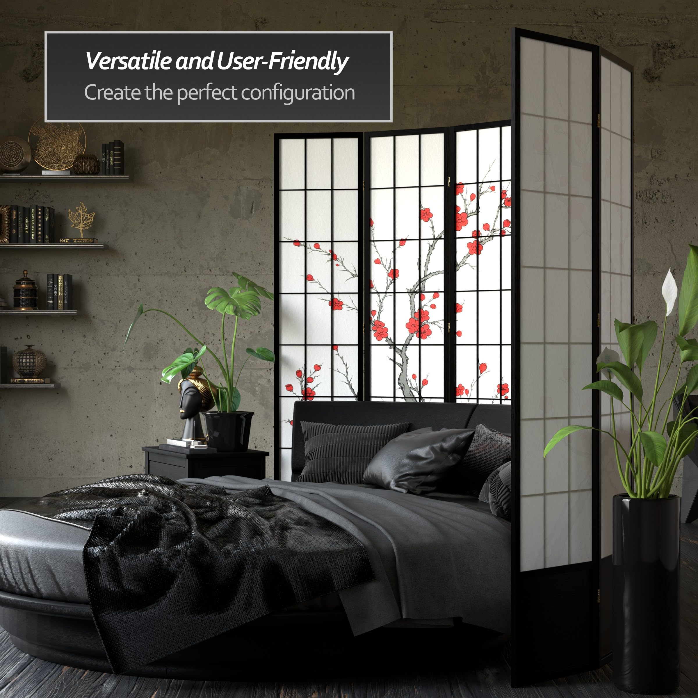 5-Panel Black Room Divider Screen - Red Lantern SS-84CBLSS - Privacy Partition for Home Office, Living Room & Bedroom