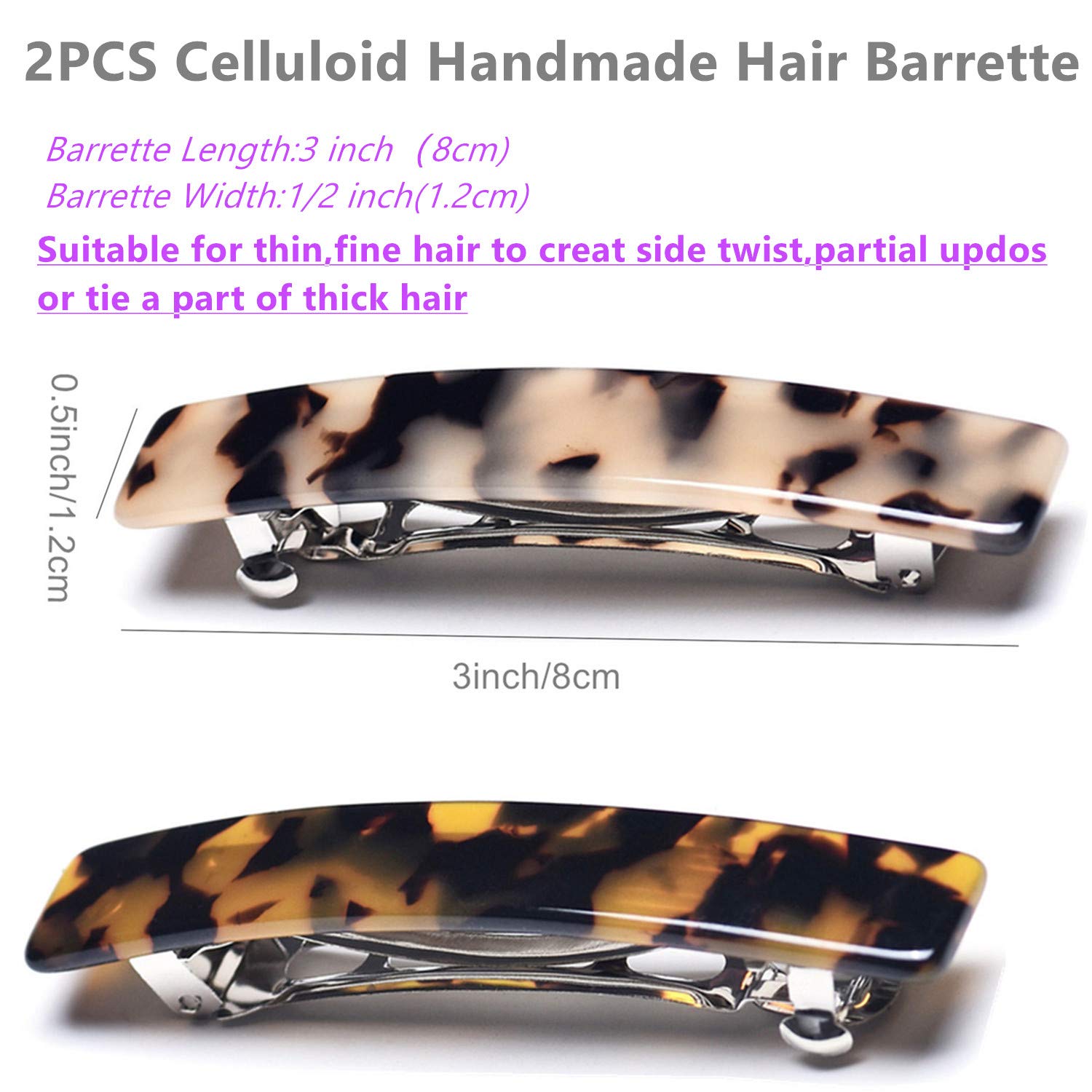 2PCS French Style Hair Barrettes - Tortoise Shell Celluloid Rectangle Hair Clips for Women - Perfect for Weddings, Parties & Everyday Elegance