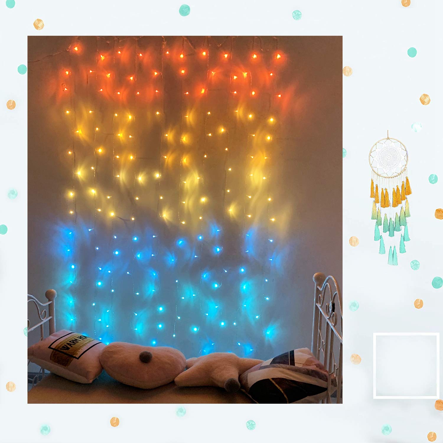 Sunset Orange LED Curtain Lights - Warm White, Coral, Turquoise, Aqua Blue Fairy String Lights for Bedroom, Sunroom & Ocean-Themed Decor | Perfect for Hawaii Vibes, Cozy Nights & Boho Room Aesthetics