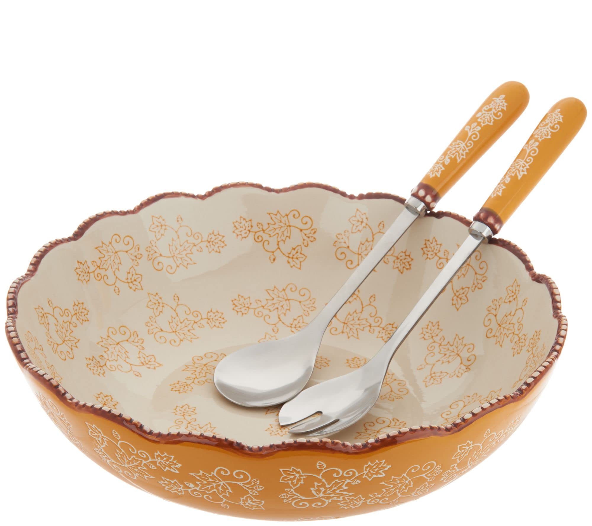 Temp-tations Ovenware 5 Quart Serving Bowl with 2 Utensils - Floral Lace Fall Design, Perfect for Salads, Pasta, Casseroles & Family Dinners | Microwave & Dishwasher Safe Bakeware for Entertaining & Holiday Meals