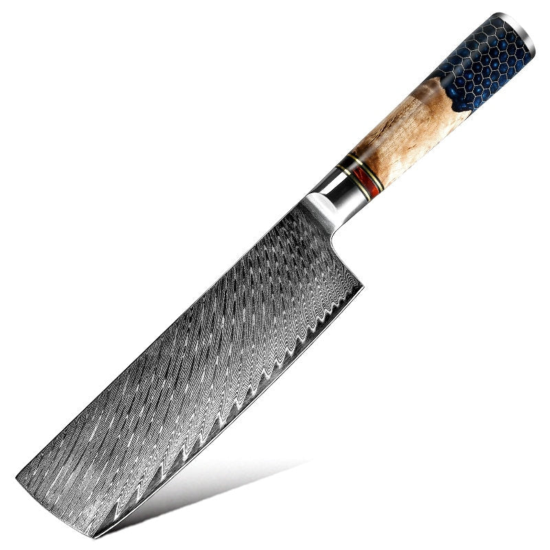 Premium VG10 Damascus Nakiri Chef Knife - Japanese Kitchen Knife with Exotic Olive Wood & Honeycomb Resin Handle - Perfect for Slicing Vegetables, Fruits & Sushi Preparation