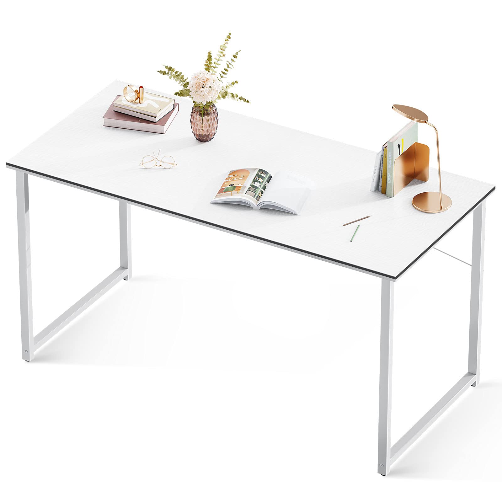 Modern Simple High-Level Color Matching Computer Desk - 55 Inch Home Office Desk & Makeup Vanity Table in White | Perfect for Small Spaces, Gaming Setup & Work from Home