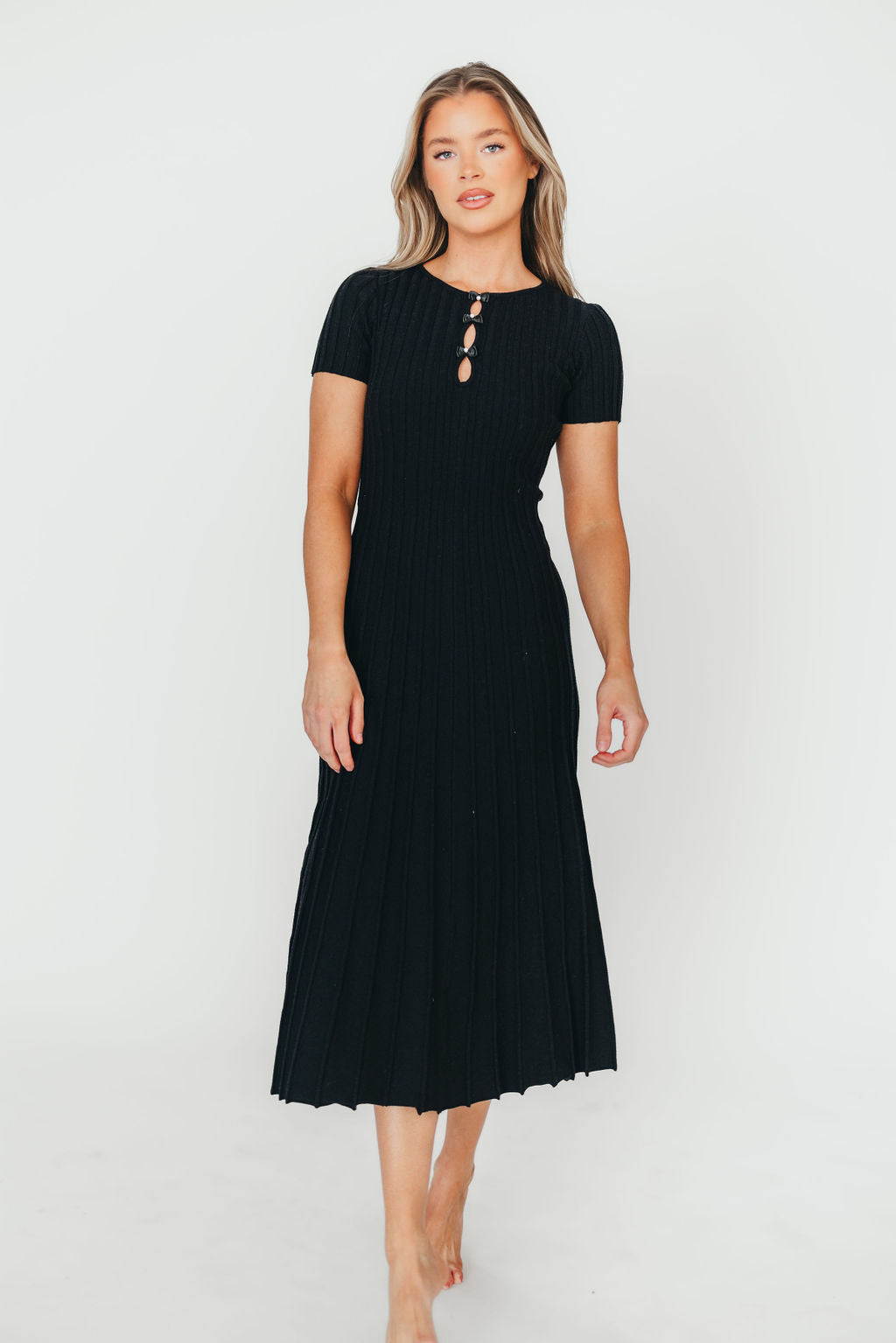 Winnie Front Bow Button Knit Midi Dress in Black - Bump Friendly Maternity Dress for Pregnancy & Nursing | Perfect for Baby Showers, Maternity Photos & Everyday Wear