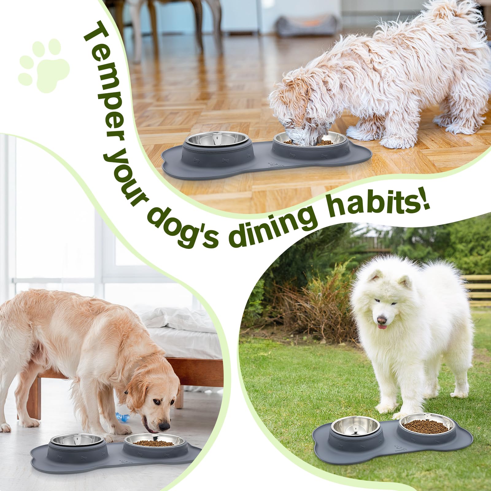 **Pecute Non-Slip Stainless Steel Dog Bowls Set - 2 Pack (14oz Each) with Anti-Spill Silicone Mat for Cats, Puppies & Small Dogs - Perfect for Food & Water Feeding at Home or Travel (Grey)**