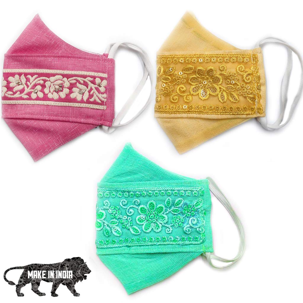 Anokhe Collections Designer Hand Embroidered Cotton Face Mask for Women - Reusable & Washable - Pack of 3 Breathable Fabric Masks (Made in India) - Perfect for Daily Wear, Travel, and Fashion Accessories