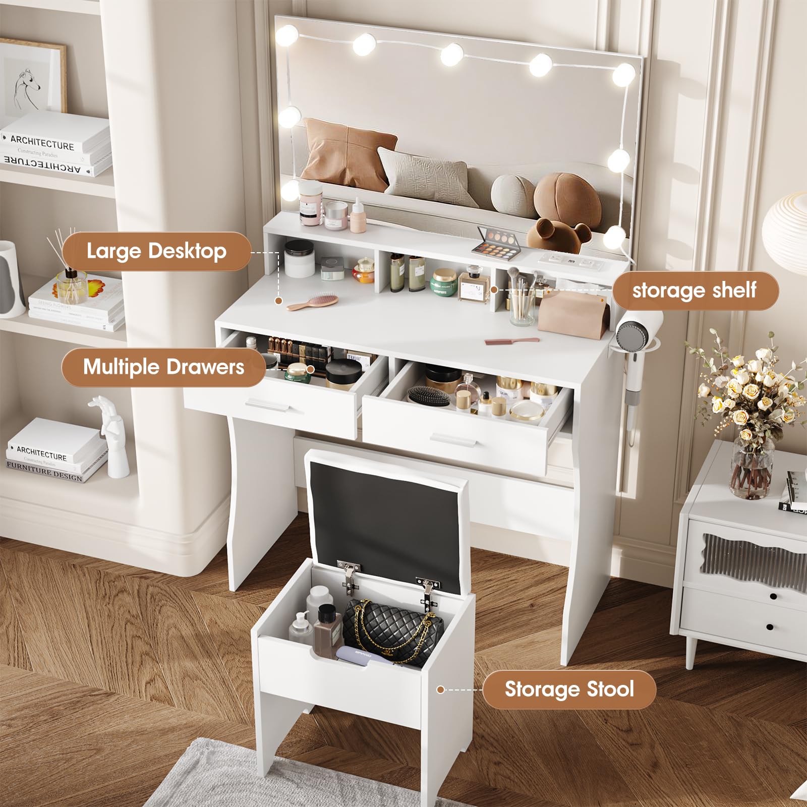 Vabches Makeup Vanity with Lighted Mirror & Power Outlet, White Vanity Set with 3 Adjustable Lighting Colors, Brightness Control, 31.5 Inch Wide Makeup Desk - Perfect for Bedroom, Dressing Room & Beauty Salon