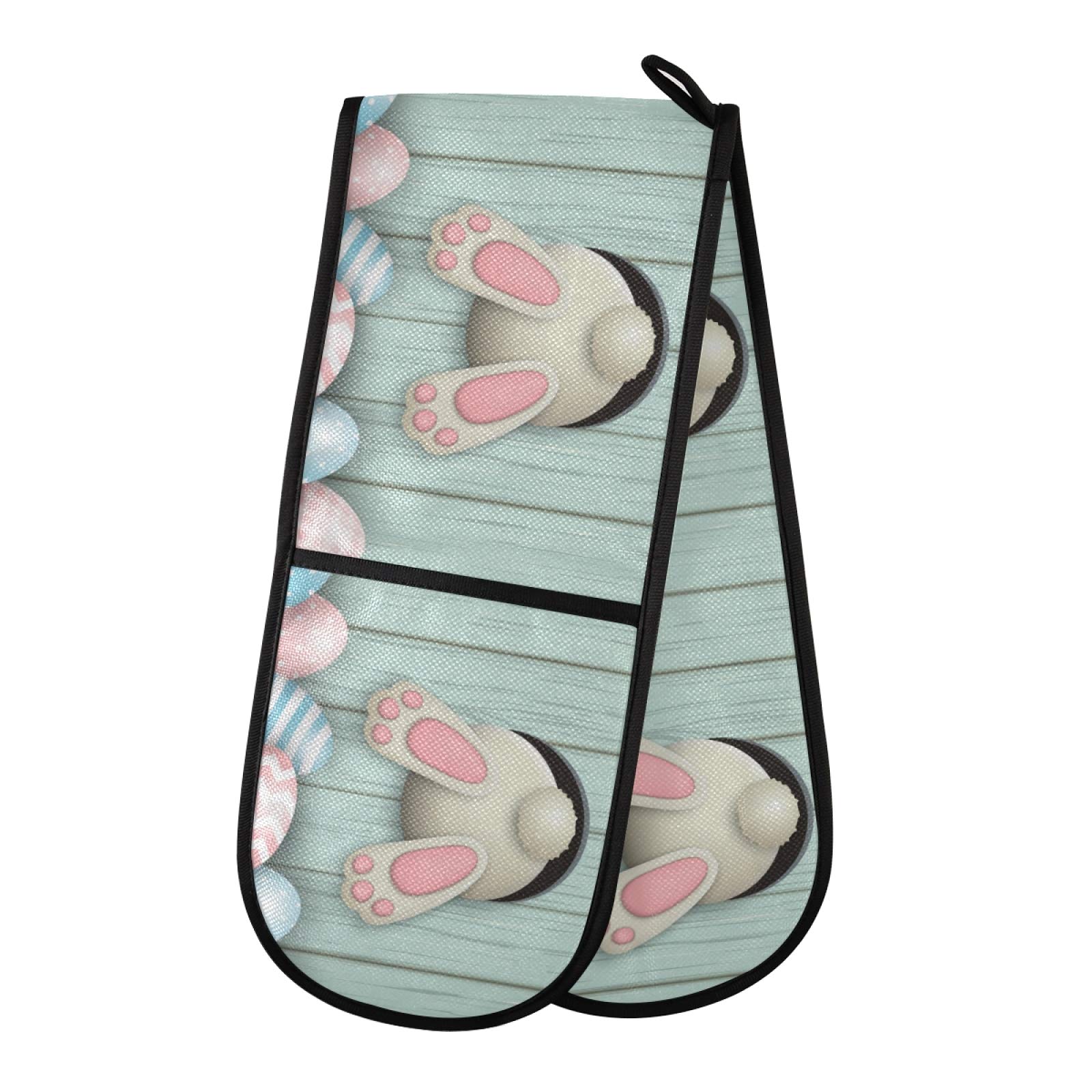 Happy Easter White Bunny Tail Double Oven Mitts 7x35 Inches - Green Wooden Peeps Rabbits Eggs Heat Resistant Kitchen Gloves for Baking, BBQ Grilling, Cooking & Pot Holder - Perfect Easter Decor & Gift for Home Kitchen