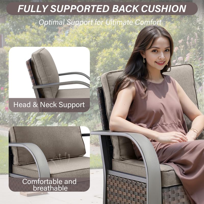 Heavy Duty Outdoor Swivel Rocking Chairs Set of 2 - Wide Metal Armrests & Removable Cushions - All-Weather Wicker Patio Furniture for Porch, Sunroom, Deck, Garden & Backyard Relaxation