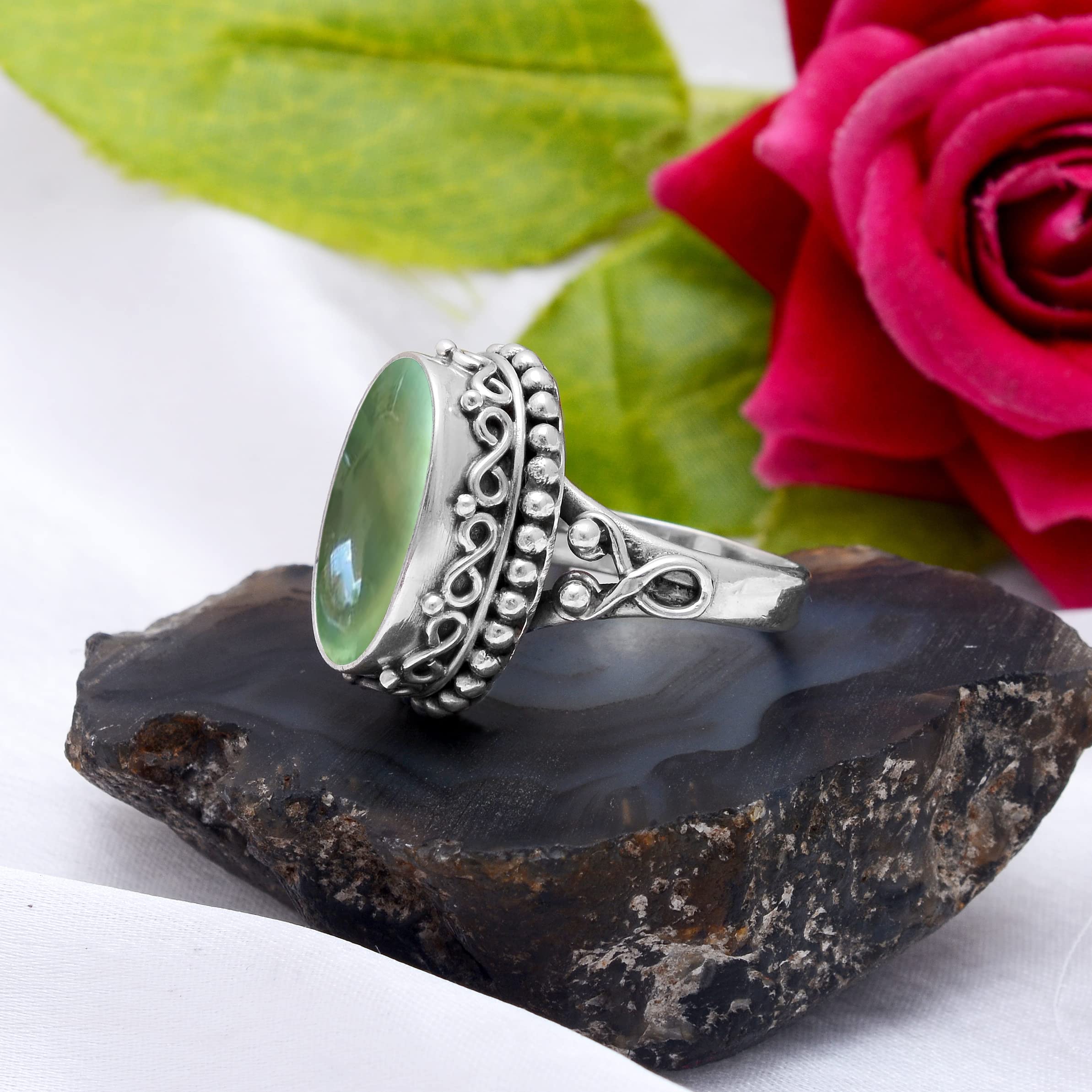 925 Sterling Silver Prehnite Rings for Women – Handmade Green Gemstone Jewelry – Elegant Designer Ring for Everyday Wear & Special Occasions – VSR-344