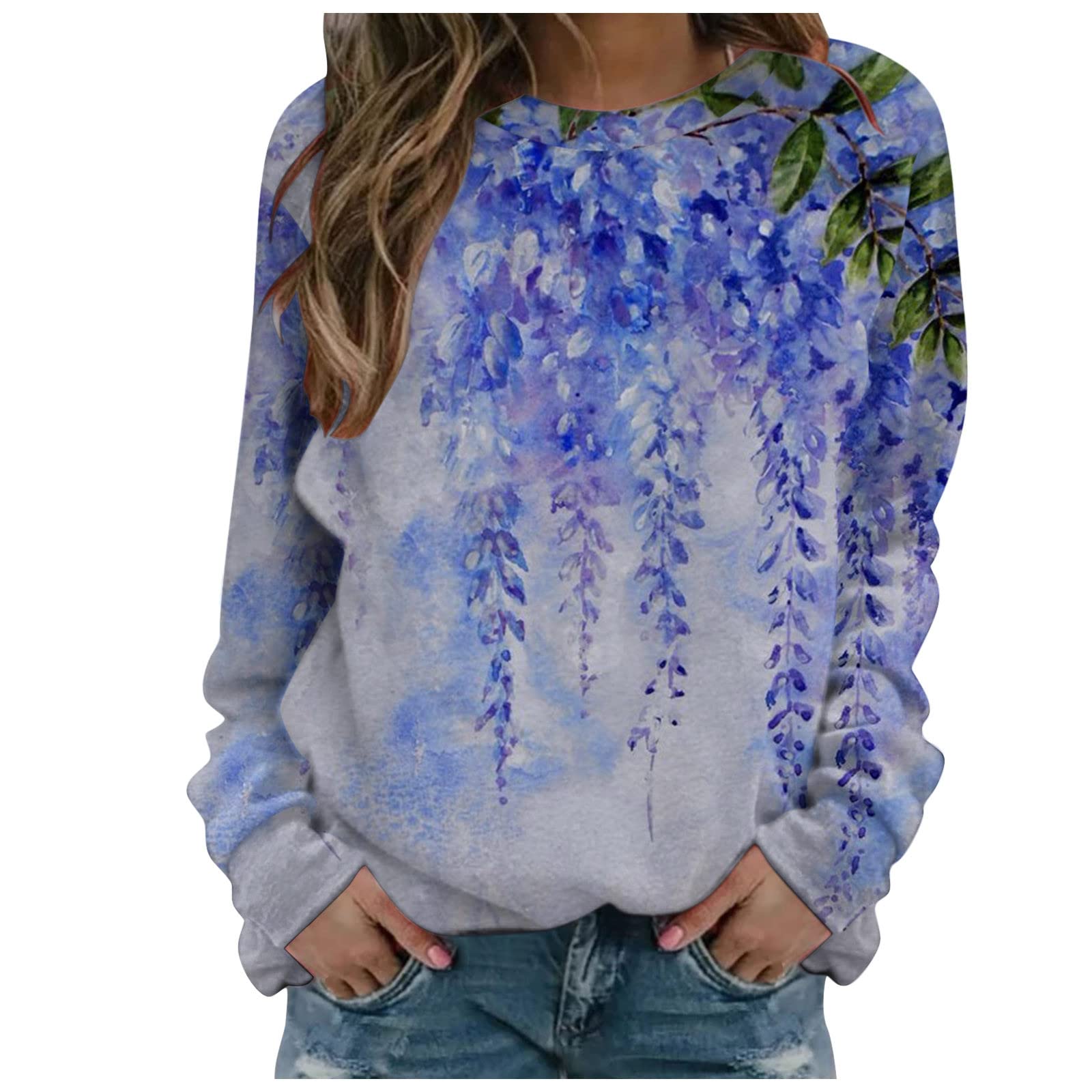 Women's Long Sleeve Printed Crewneck T-Shirt - Casual Loose Fit Pullover Sweatshirt for Spring & Holiday Wear | Cute Blouse for Everyday Outfits, Office & Weekend Getaways