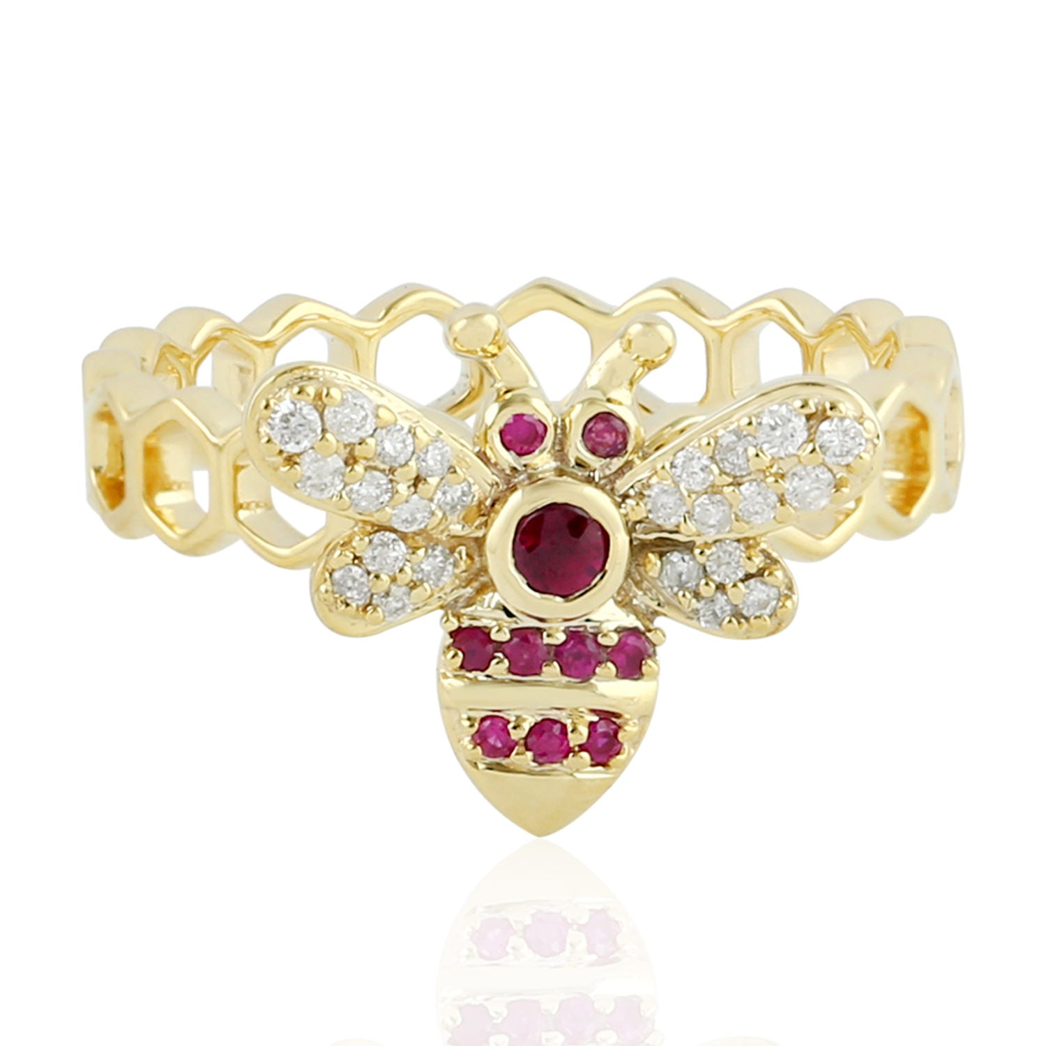 14K Yellow Gold Prong Set Ruby Pave Diamond Honey Bee Band Ring - Elegant Stackable Ring for Women, Perfect for Anniversary, Valentine's Day & Everyday Wear