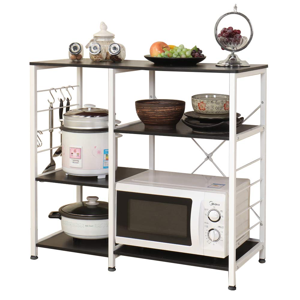 SogesPower 3-Tier Kitchen Baker's Rack with Microwave Stand - Adjustable Height Utility Storage Shelf, Coffee Station Organizer & Workstation with 5 Hooks (Black) - Perfect for Small Kitchens, Pantry Organization & Coffee Bar Setup