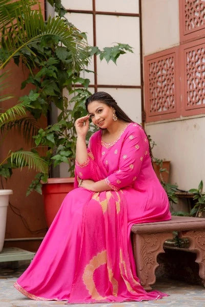 Stylish Pink Bandhani Anarkali Plus Size Kurti Dupatta Set of 2 - Elegant Indian Ethnic Outfit for Women, Perfect for Weddings, Festivals & Special Occasions