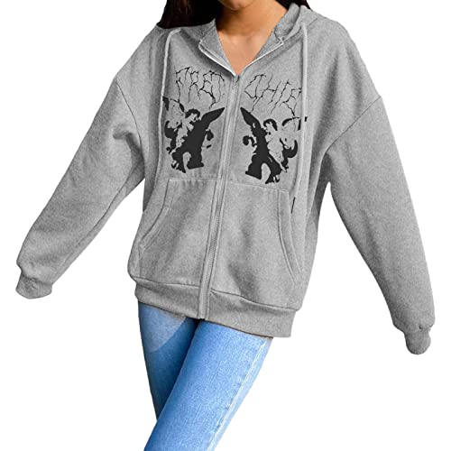 Gothic Women's Long Sleeve Zip Up Hoodie with Lace Up Front & Pockets - White Sweatshirt for Casual Wear, Street Fashion & Fall Layering