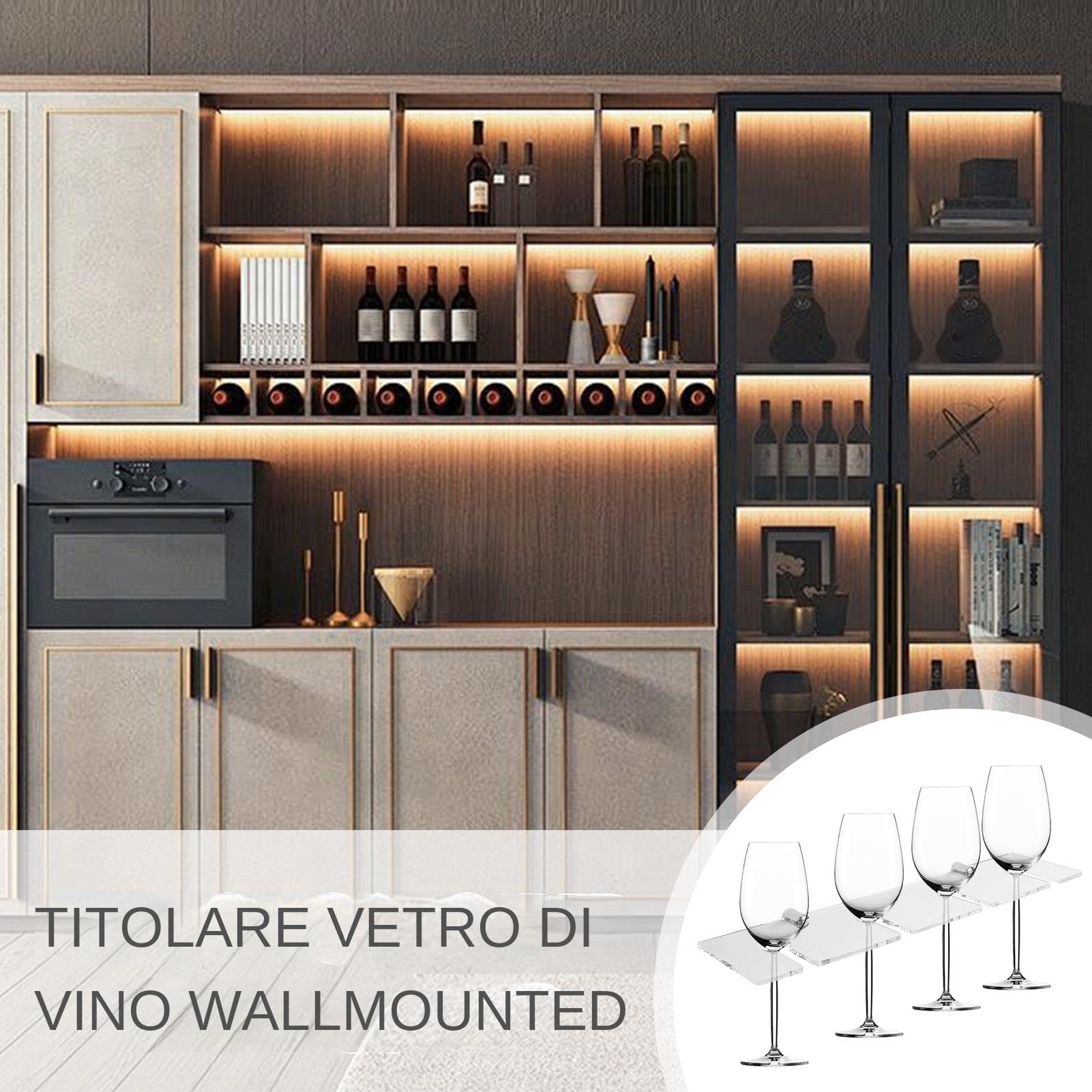 Stainless Steel Wall Mounted Wine Glass Holder - 6 Hooks Space Saving Wine Glass Rack for Kitchen, Home Bar, Wine Cellar & Party Room - Elegant Wine Glass Display & Storage Solution