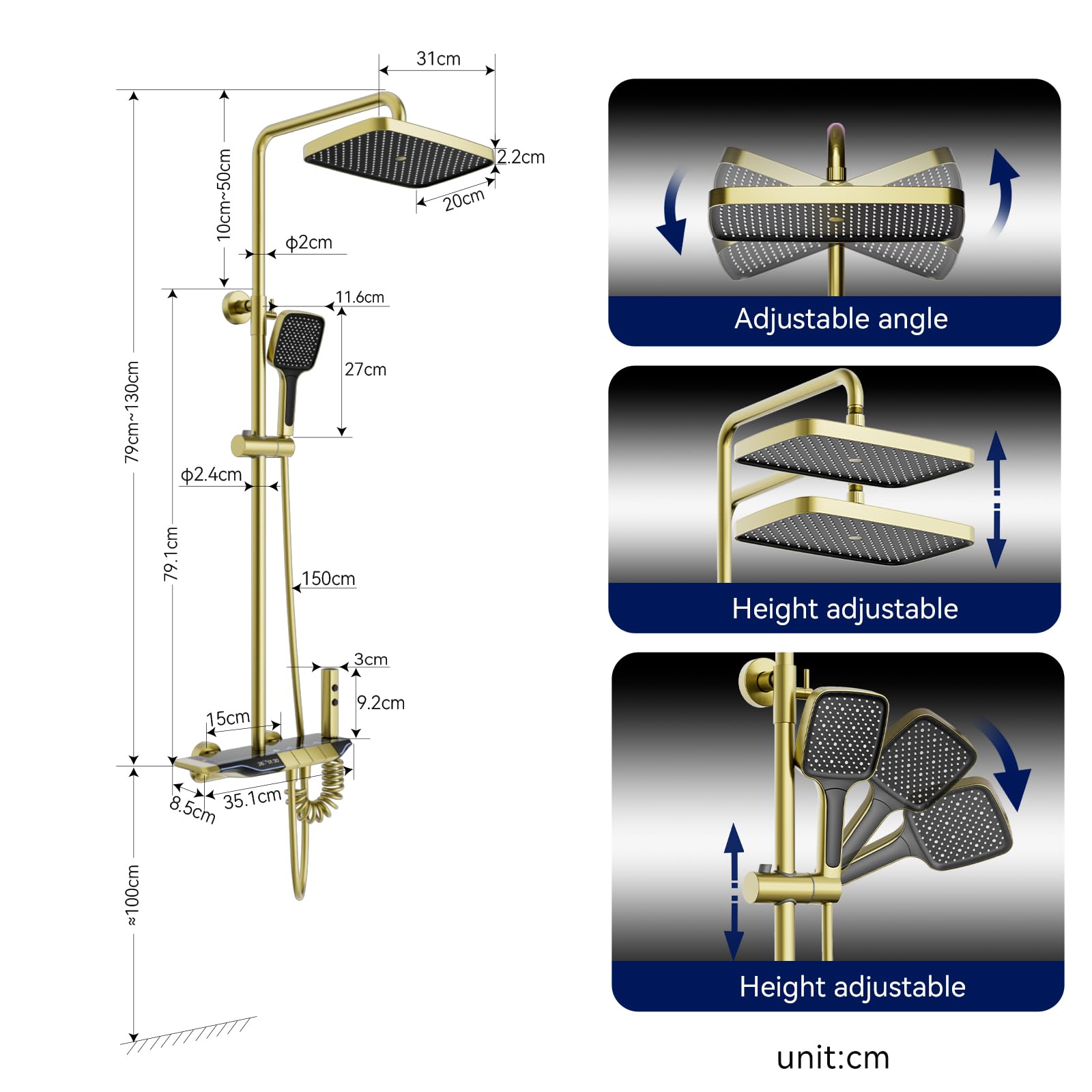 Brushed Gold Thermostatic Shower System Set - Adjustable Rainfall Shower Column with 310mm Shower Head, 3-Function Hand Shower & Bidet | Perfect for Modern Bathrooms, Spa-Like Experience, Water Saving
