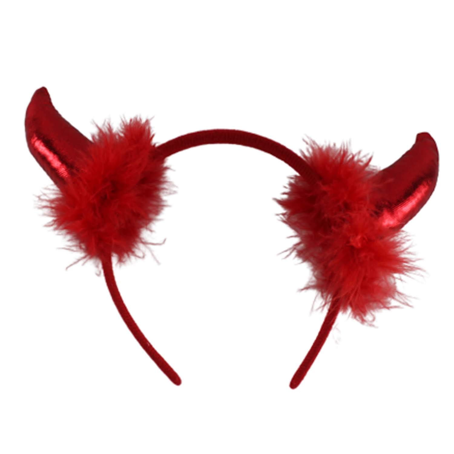 Red Shiny Devil Horns with Red Feathers Headband - Gothic Halloween Costume Accessory for Women & Men - Perfect for Cosplay, Parties, and Festivals