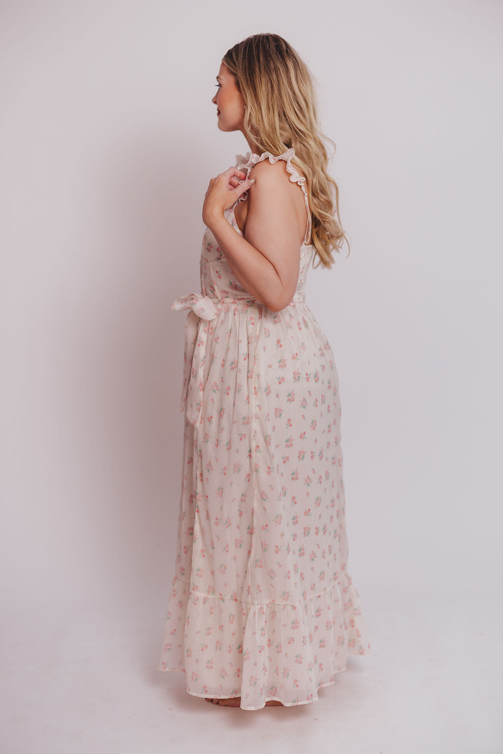 Rosamund Bustier Style Maxi Dress - Floral Blush Pink Women's Plus Size Dress (S-3XL) | Perfect for Weddings, Parties & Summer Vacations