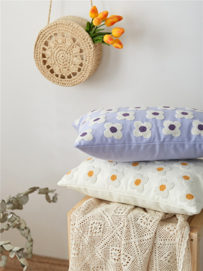 Daisy Embroidered Lumbar Pillow Cover - Bohemian Home Decor for Sofa, Bed & Couch - Perfect for Living Room, Bedroom & Nursery