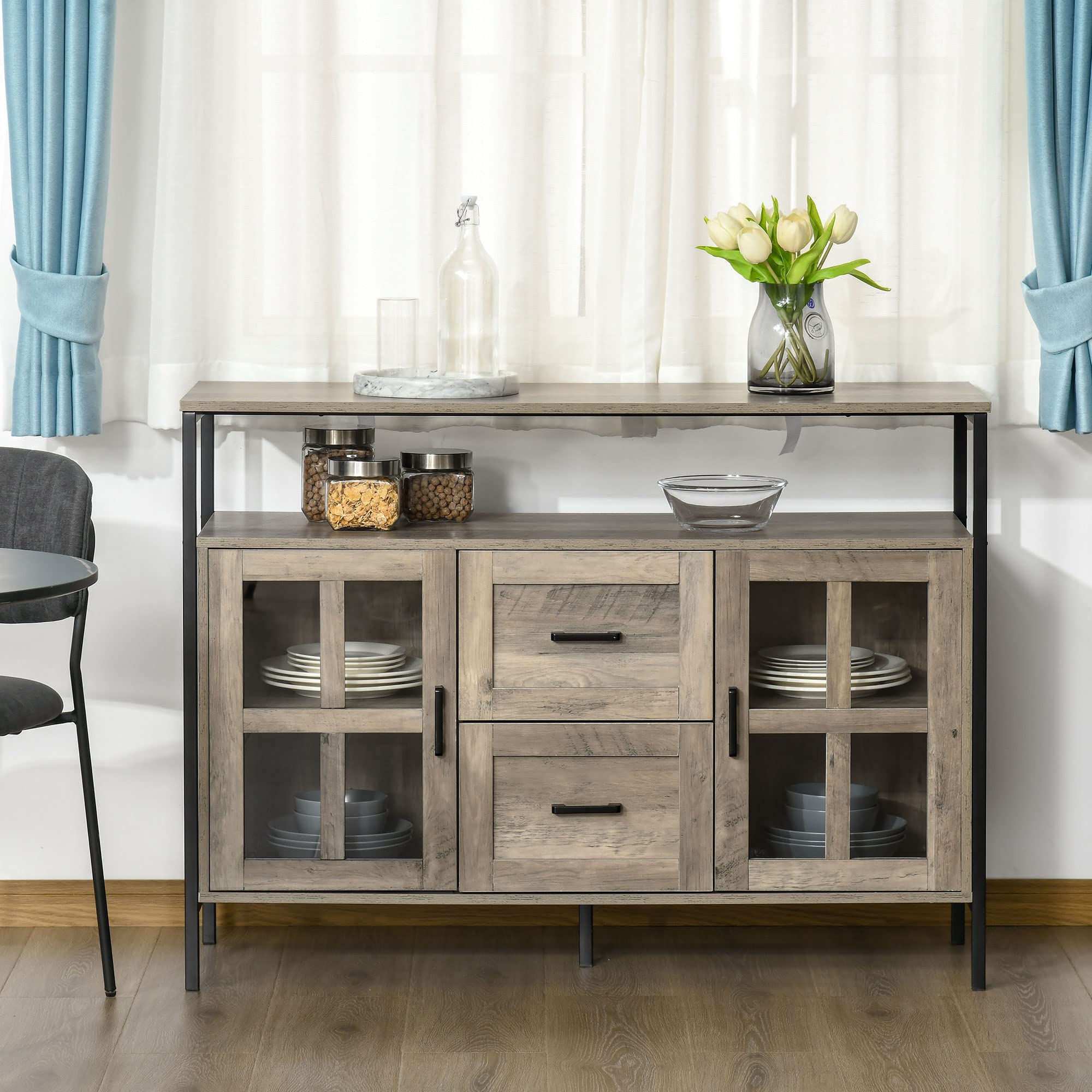 HOMCOM Industrial Sideboard Buffet Cabinet with Adjustable Shelves & Glass Doors - 2-Drawer Storage Cabinet for Kitchen, Living Room, Dining Room | Coffee Bar, Home Organization, Gray Furniture for Modern Interiors