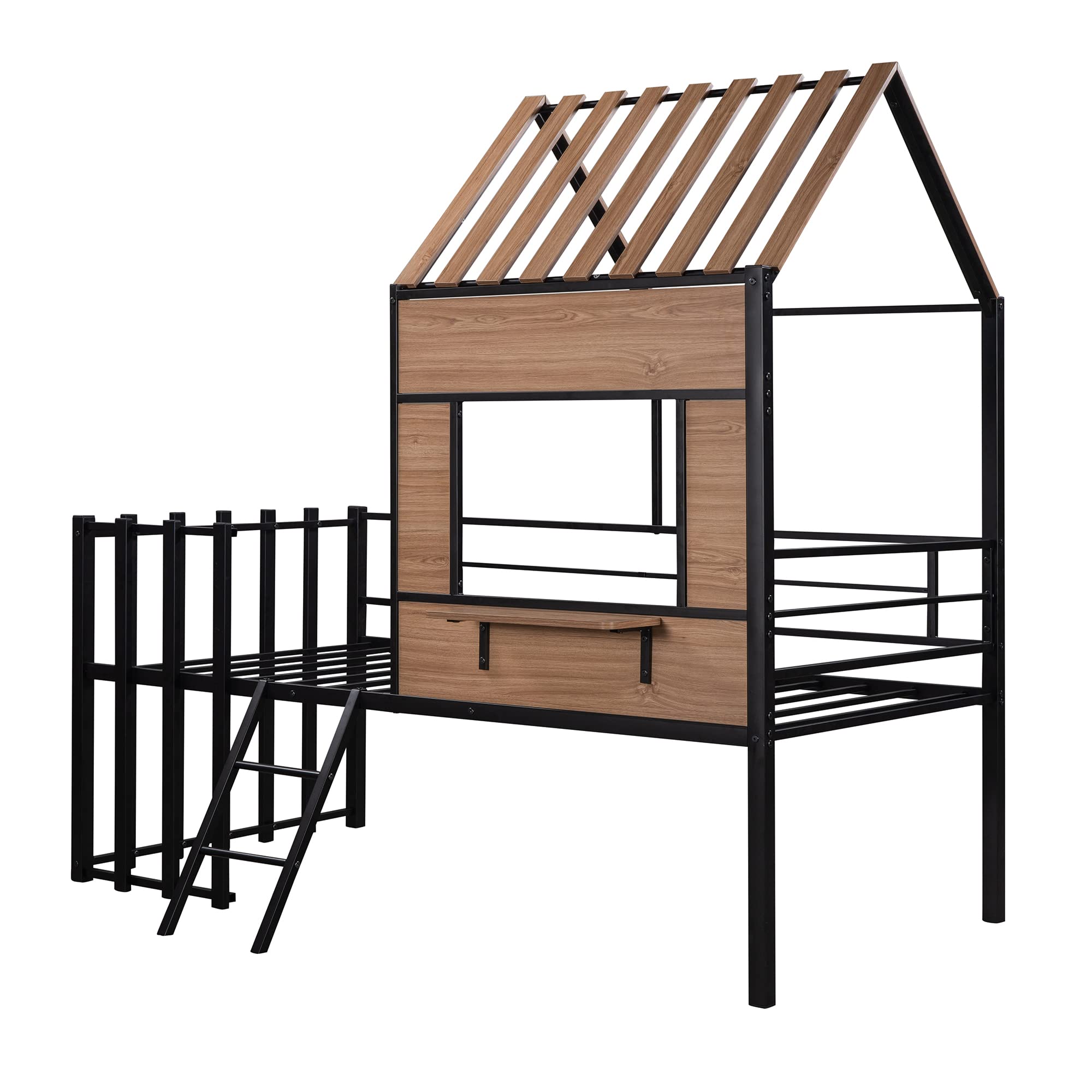 Twin Size Metal Loft Tent Bed Frame with Roof, Window & Guardrail - Kids Playhouse Bed with Ladder & Safety Fence - Nursery Furniture for Boys & Girls - Perfect for Bedrooms, Playrooms & Indoor Adventures (Black)