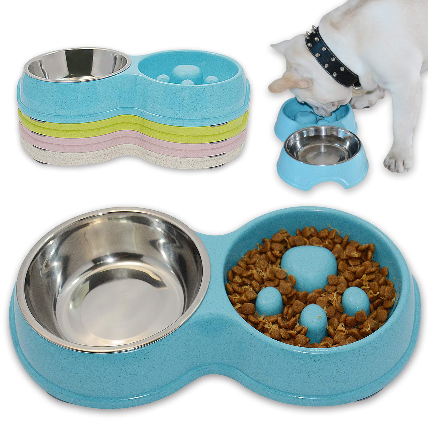 Stainless Steel Slow Feed Dog Bowl for French Bulldogs - Interactive Eco-Friendly Pet Bowl to Slow Down Eating & Drinking - Perfect for Frenchies, Small & Medium Dogs (Blue) - Great for Mealtime Fun & Portion Control