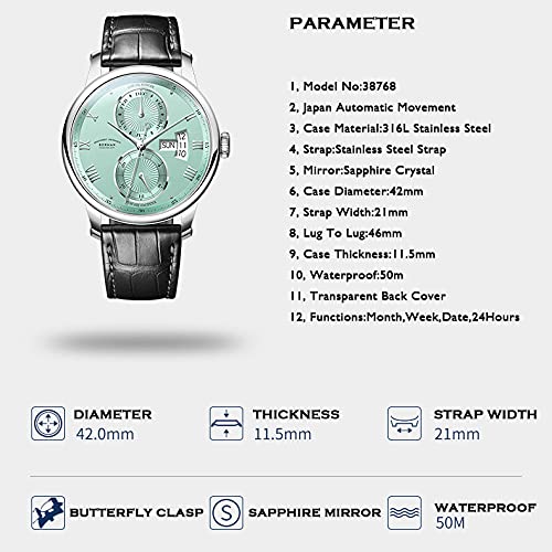 BORMAN Automatic Men's Luxury Watch - Mechanical Wristwatch with Sapphire Crystal, Month/Week/Date & 24-Hour Display - Perfect for Business, Formal Events & Everyday Wear